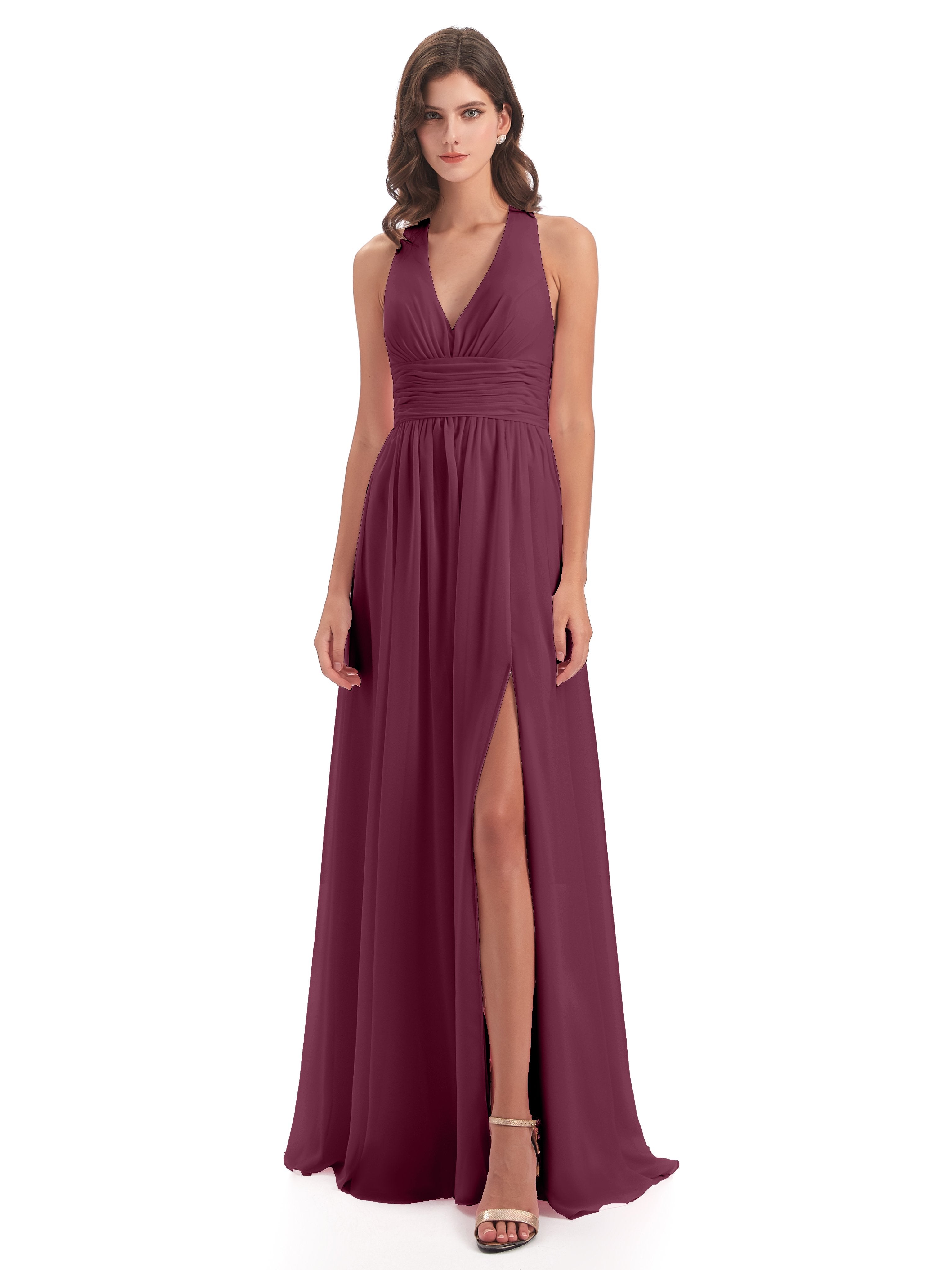 Mulberry Color Bridesmaid Dresses Fitted V Neck Split Long Chiffon Bri