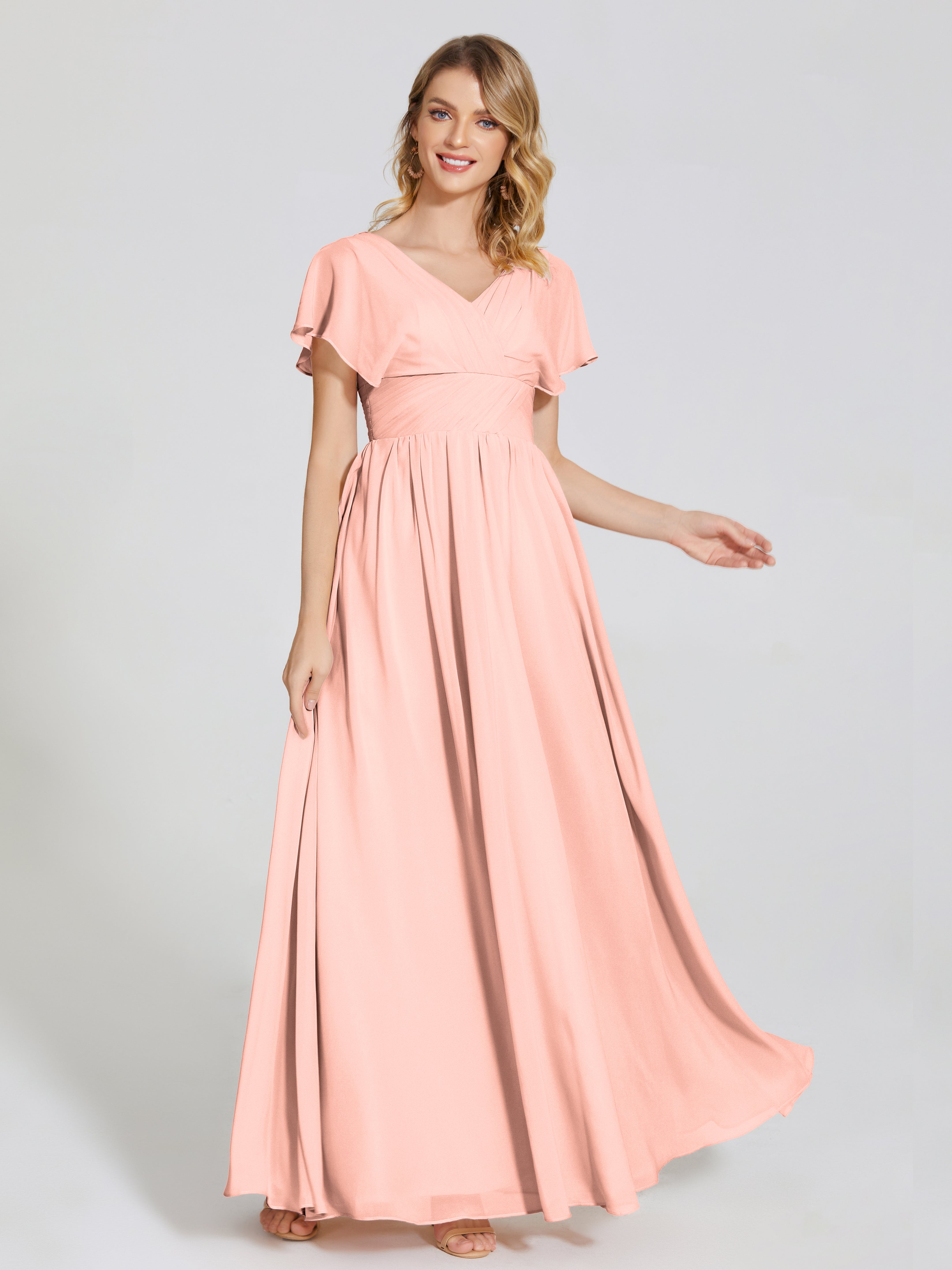 Light Coral Bridesmaid Dresses Malia Flowy Cap Sleeves Bridesmaid Dres