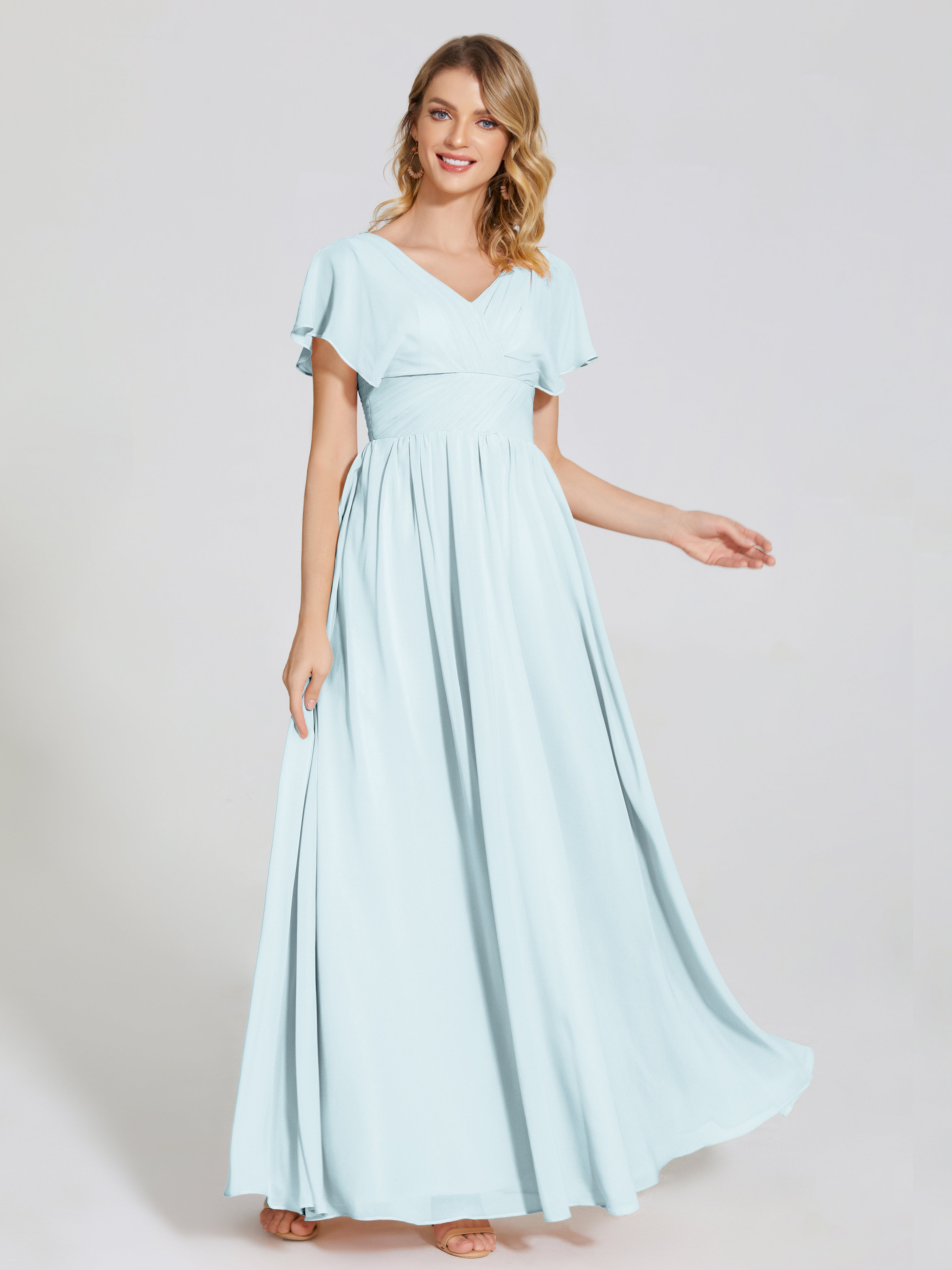 Mist Blue Bridesmaid Dress Malia Flowy Cap Sleeves Bridesmaid Dresses