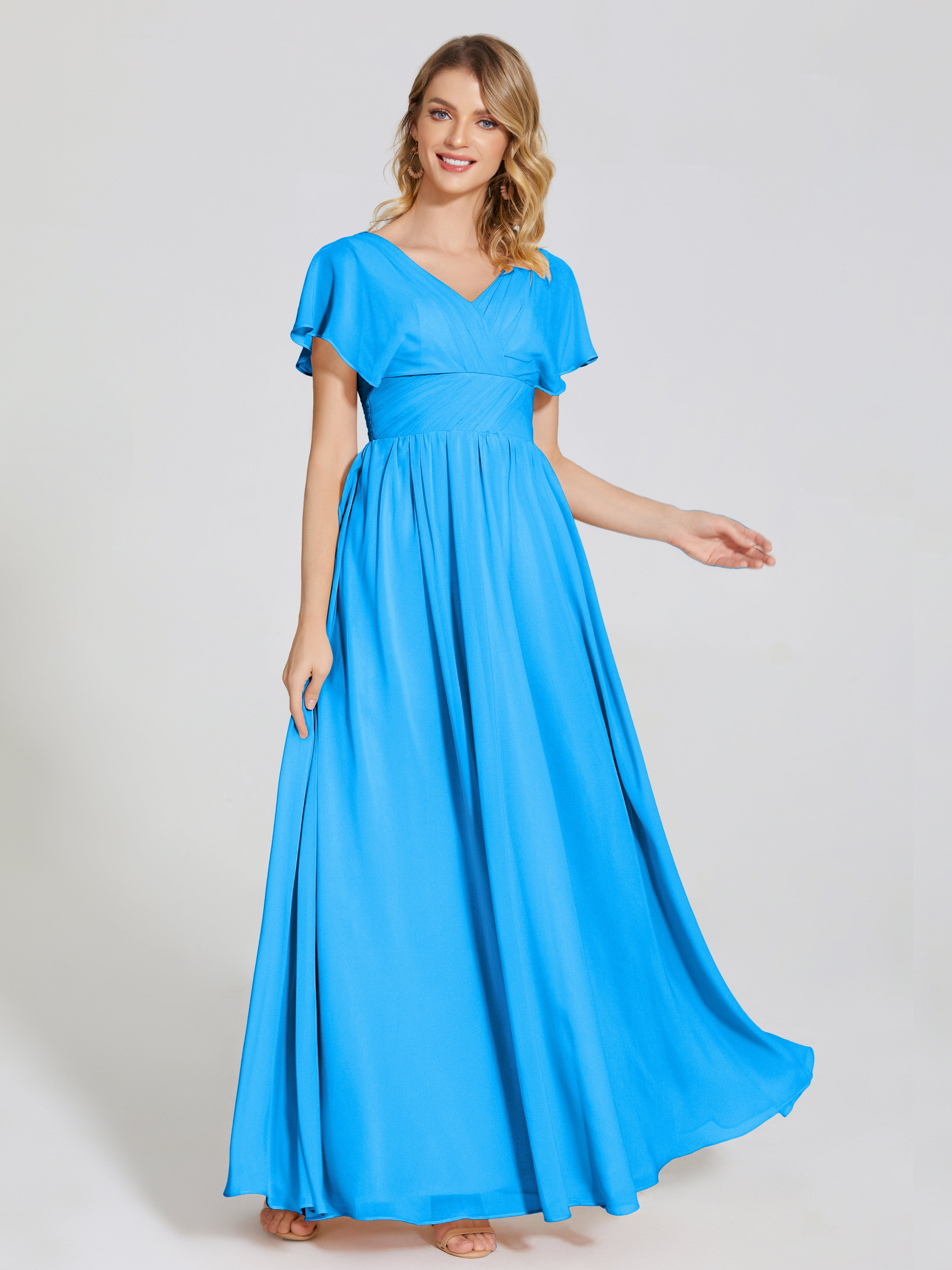 Ocean Blue Bridesmaid Dresses Malia Flowy Cap Sleeves Bridesmaid Dress