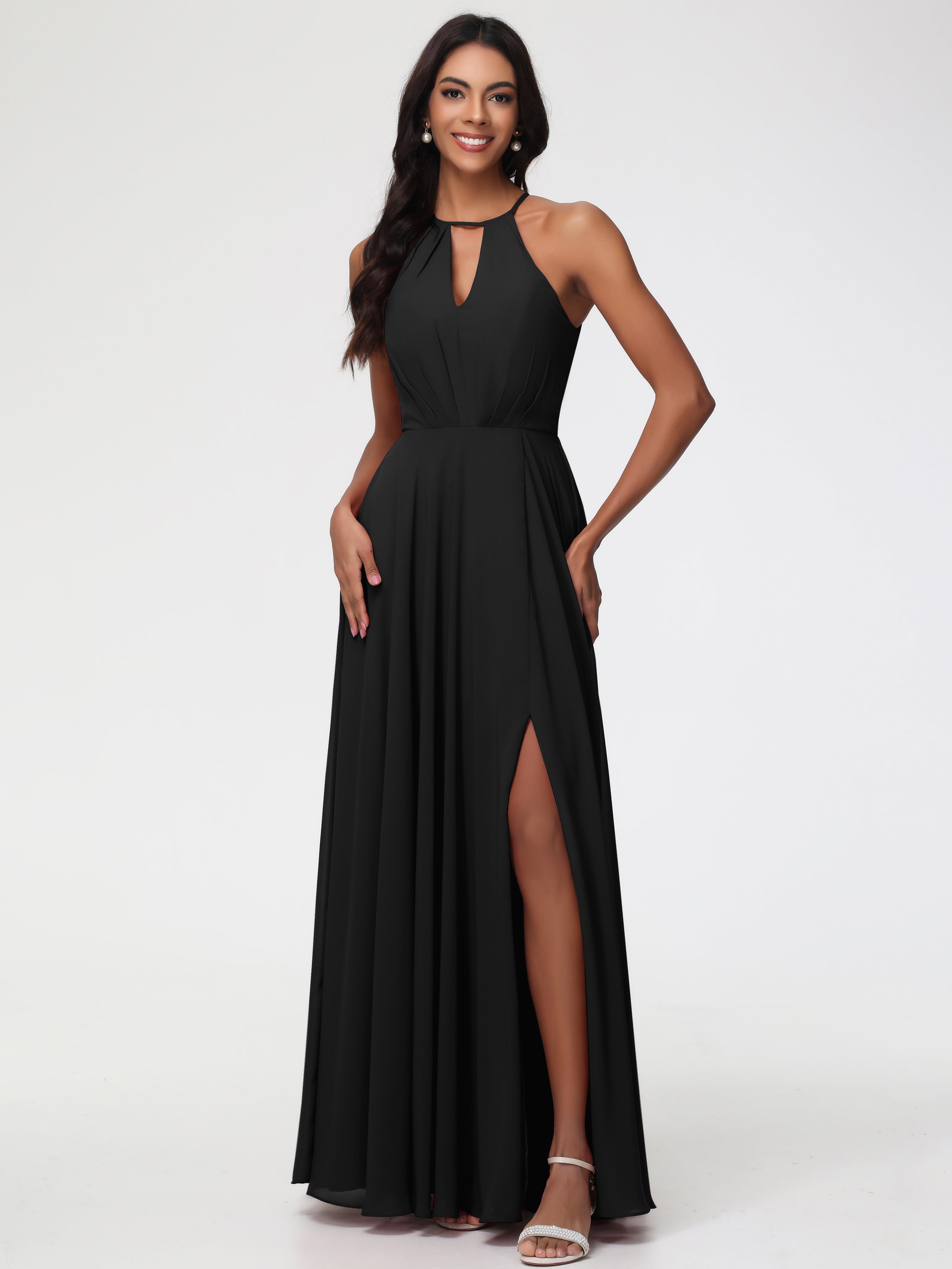 Halter A-Line Sleeveless Floor-Length Split Chiffon Bridesmaid Dresses