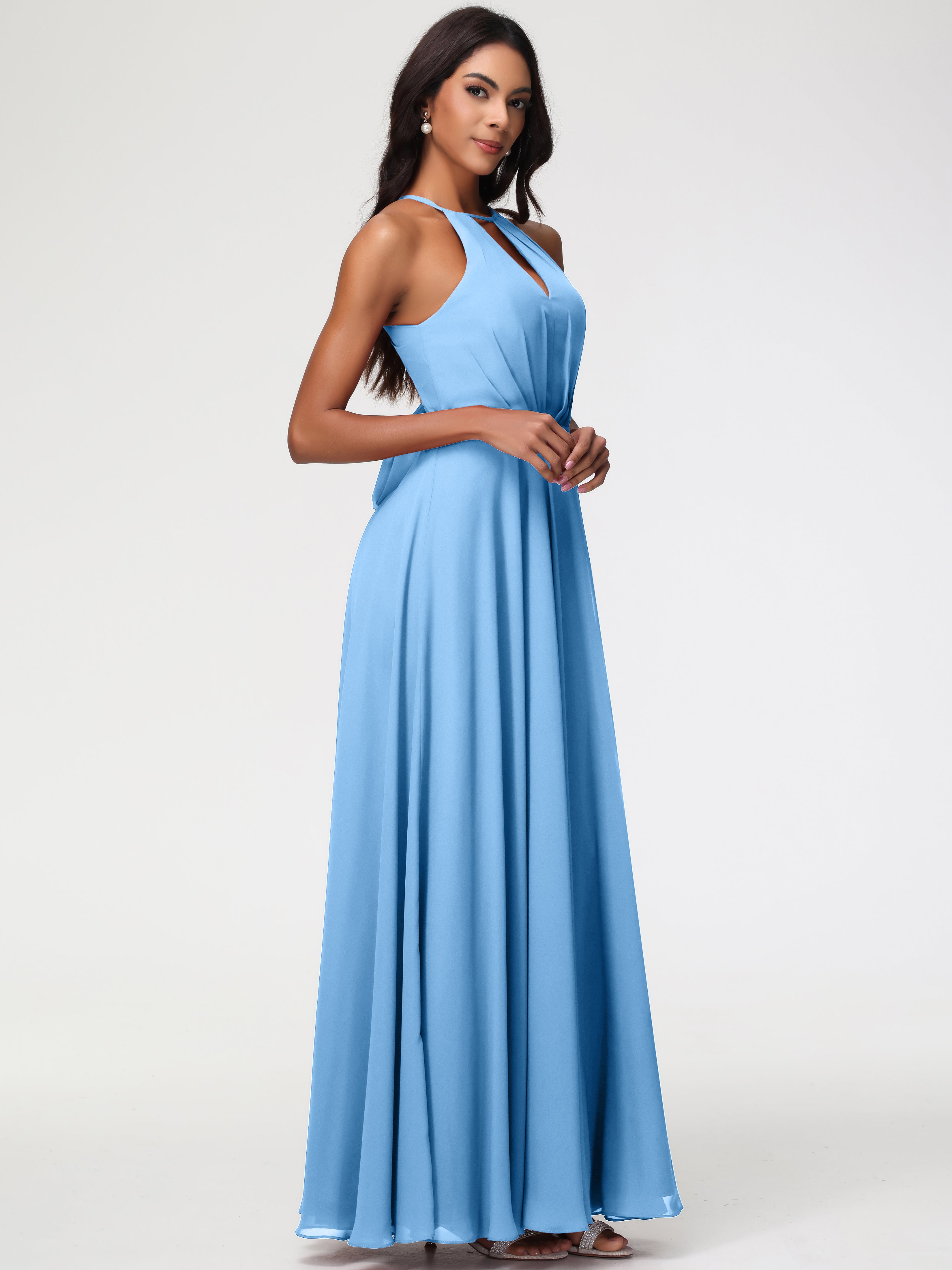 Halter A-Line Sleeveless Floor-Length Split Chiffon Bridesmaid Dresses