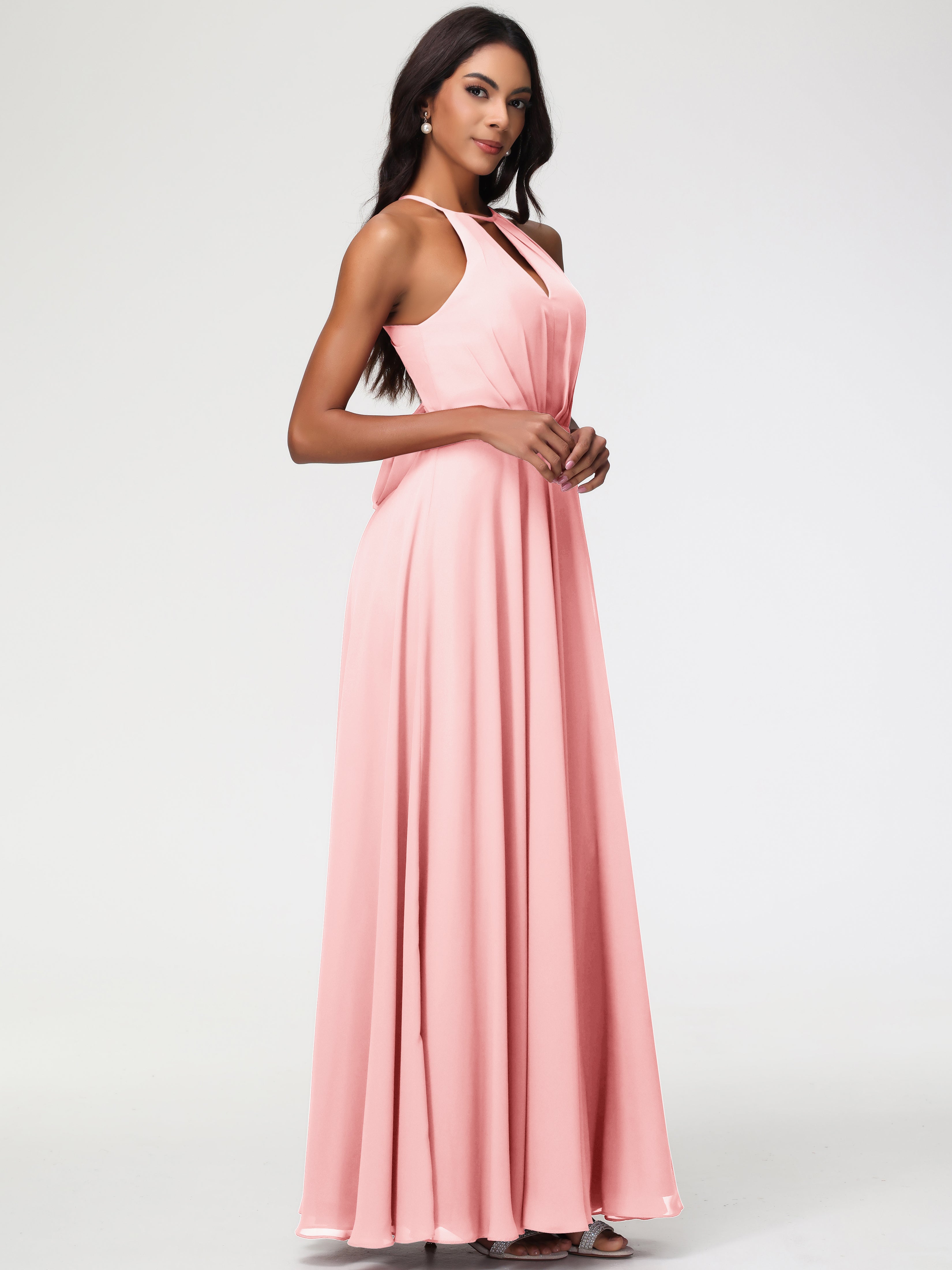 Halter A-Line Sleeveless Floor-Length Split Chiffon Bridesmaid Dresses