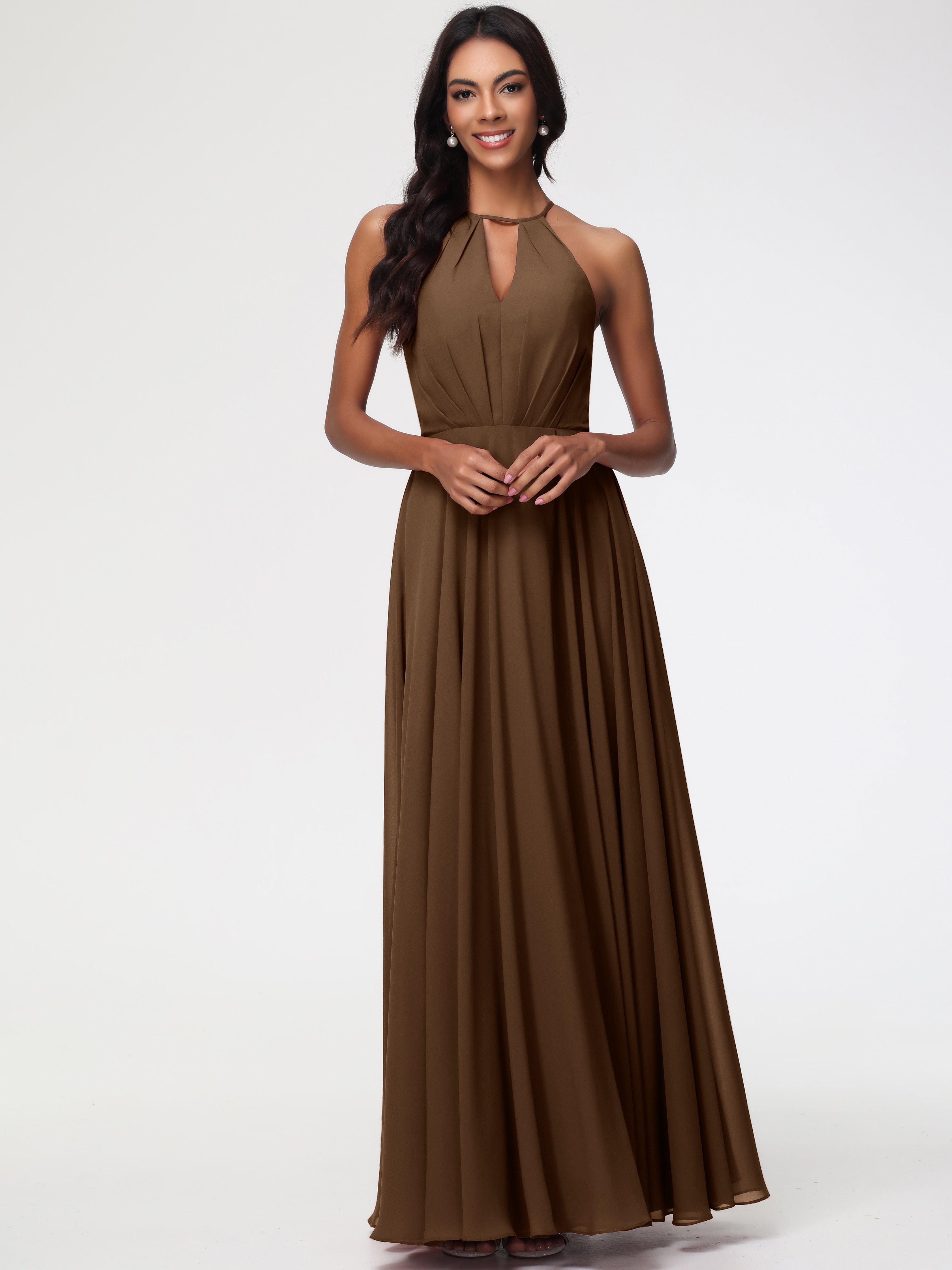 Halter A-Line Sleeveless Floor-Length Split Chiffon Bridesmaid Dresses