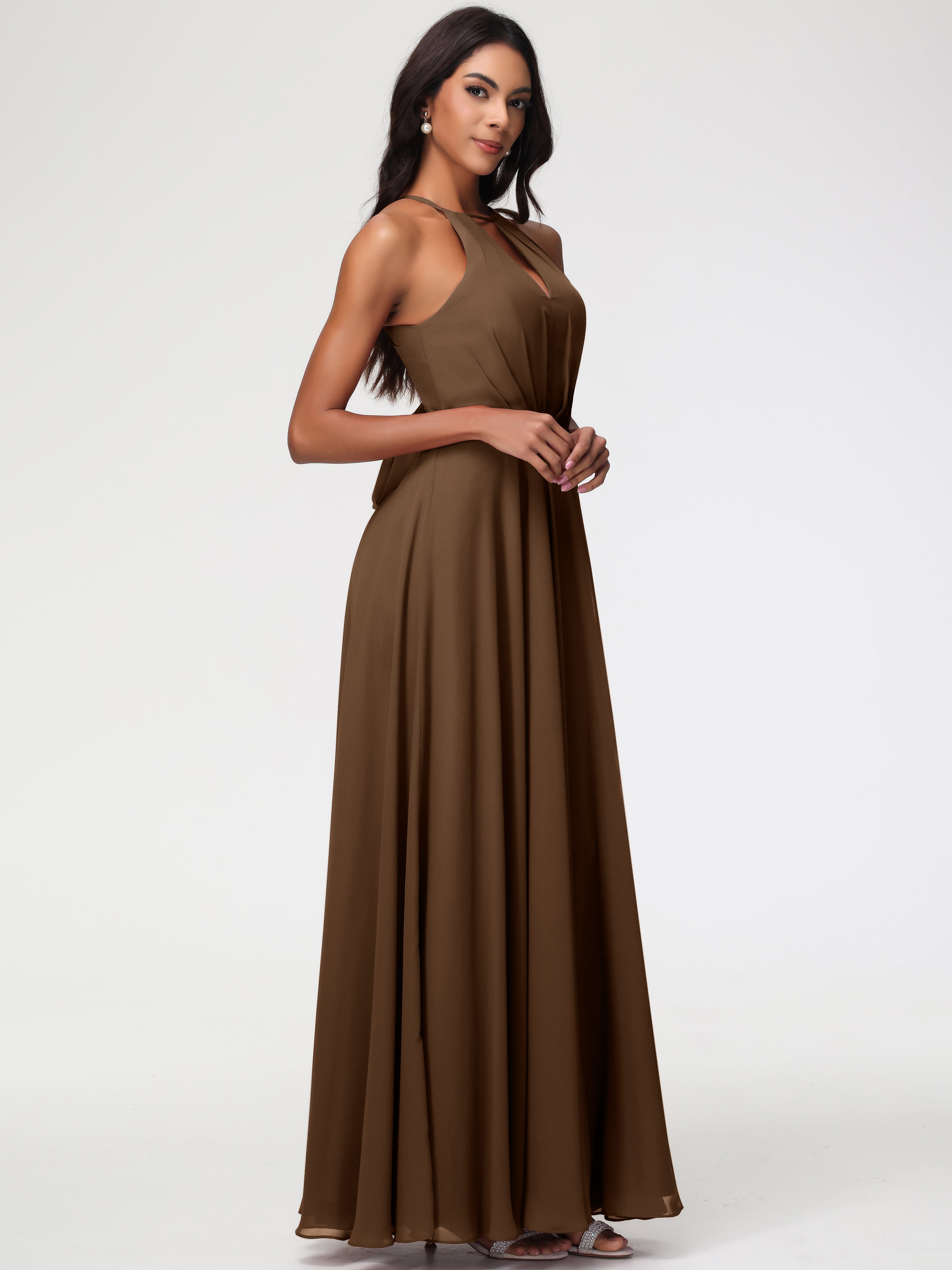 Halter A-Line Sleeveless Floor-Length Split Chiffon Bridesmaid Dresses