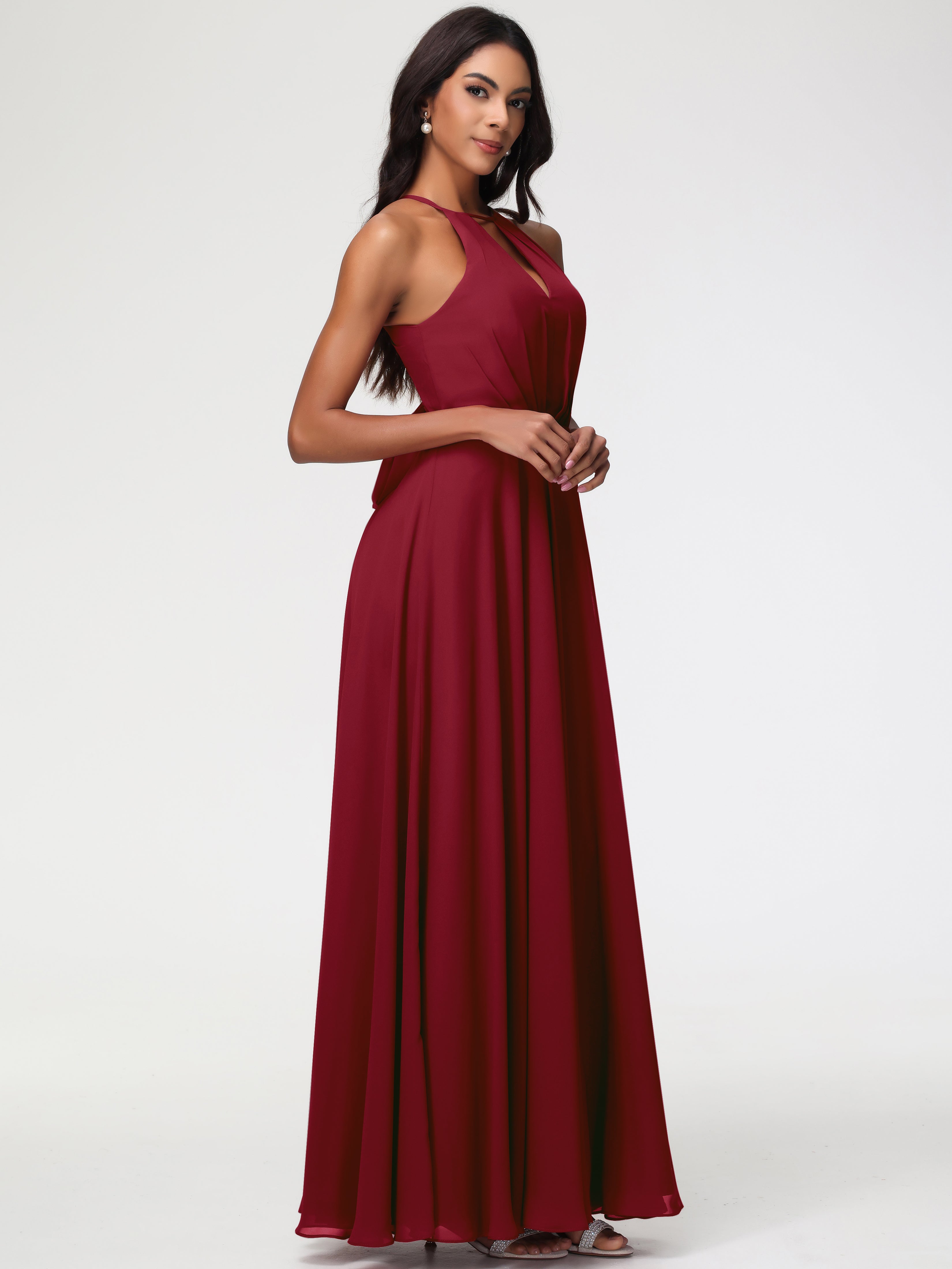 Halter A-Line Sleeveless Floor-Length Split Chiffon Bridesmaid Dresses