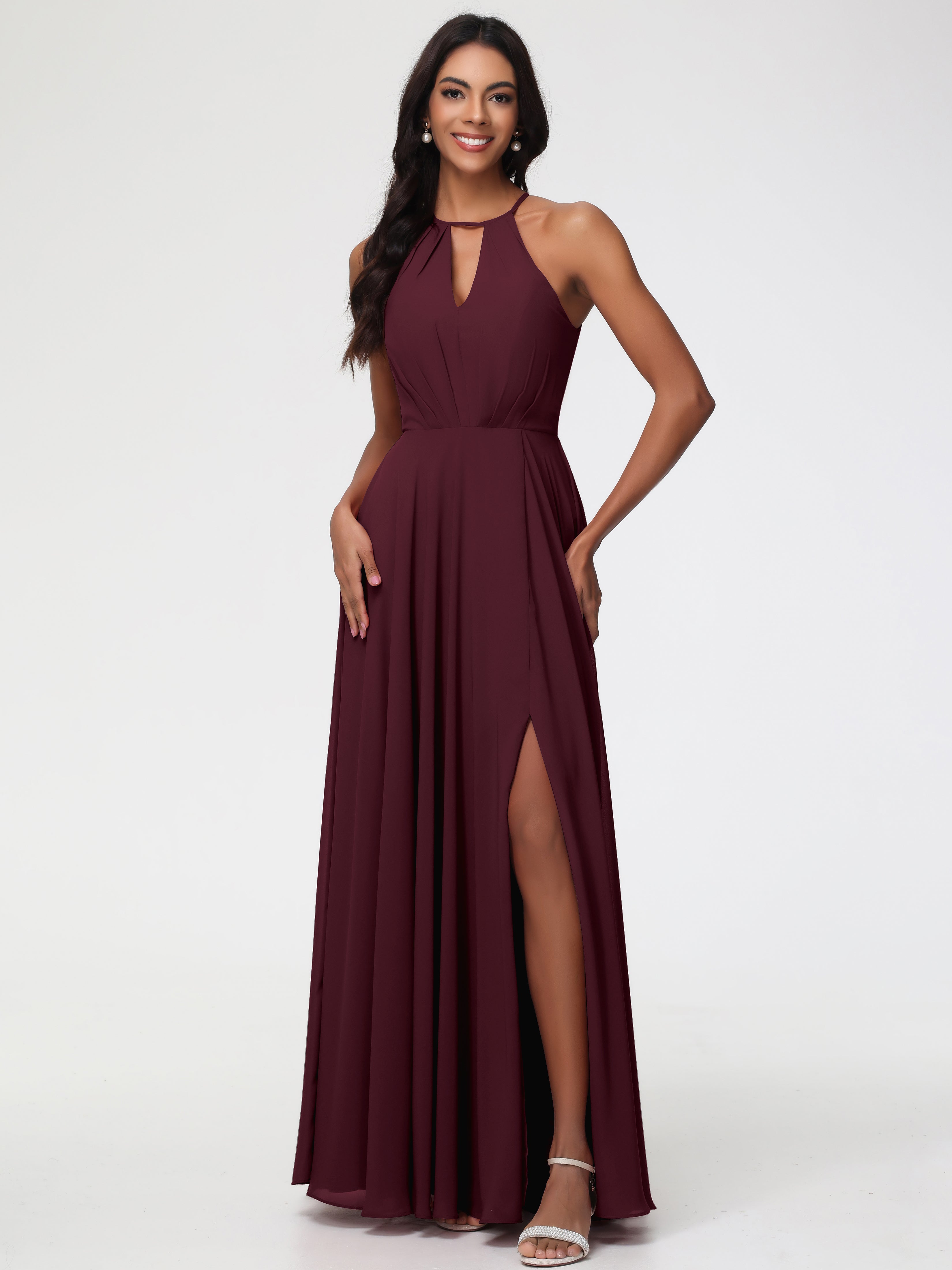 Halter A-Line Sleeveless Floor-Length Split Chiffon Bridesmaid Dresses