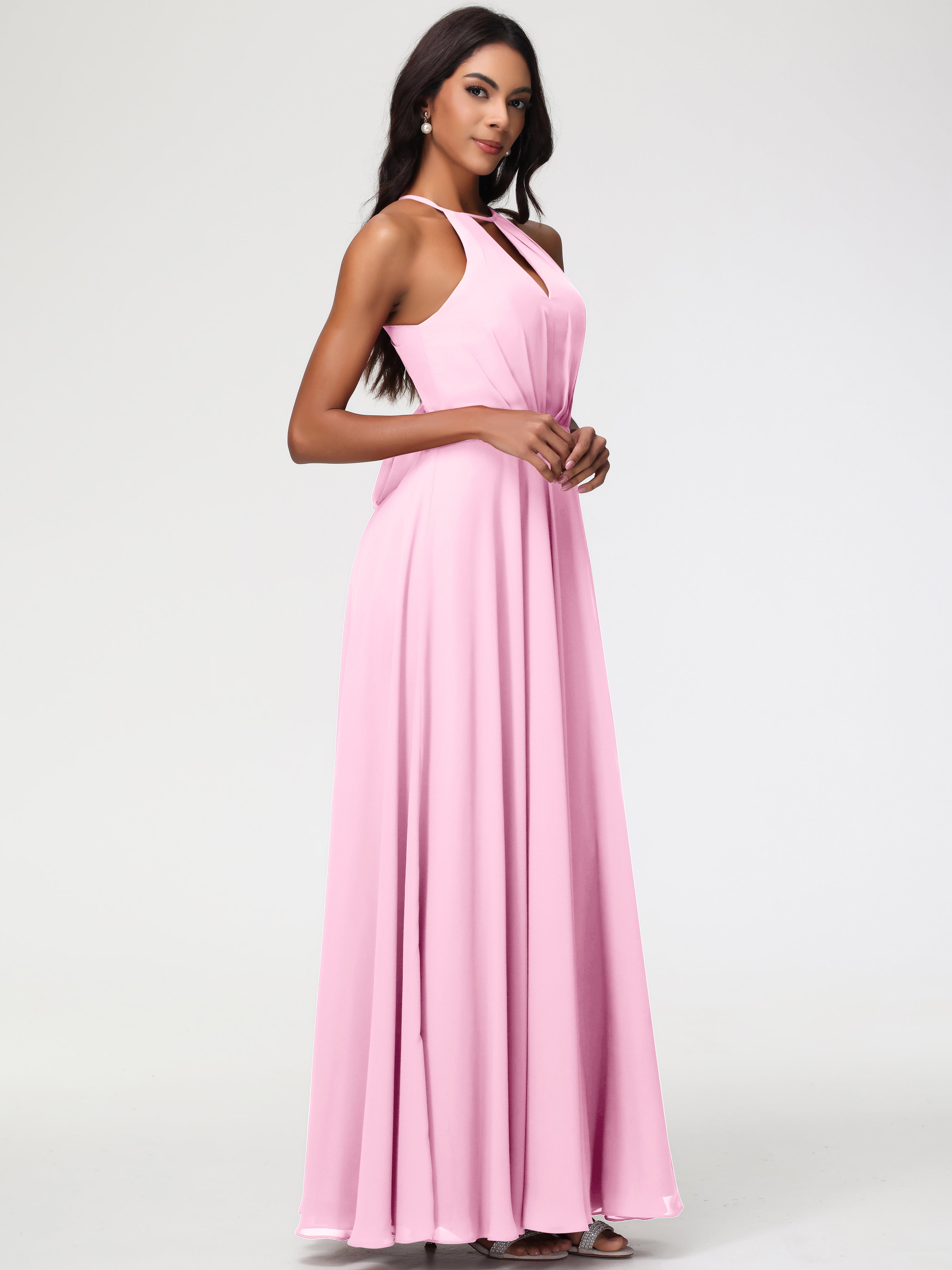 Halter A-Line Sleeveless Floor-Length Split Chiffon Bridesmaid Dresses