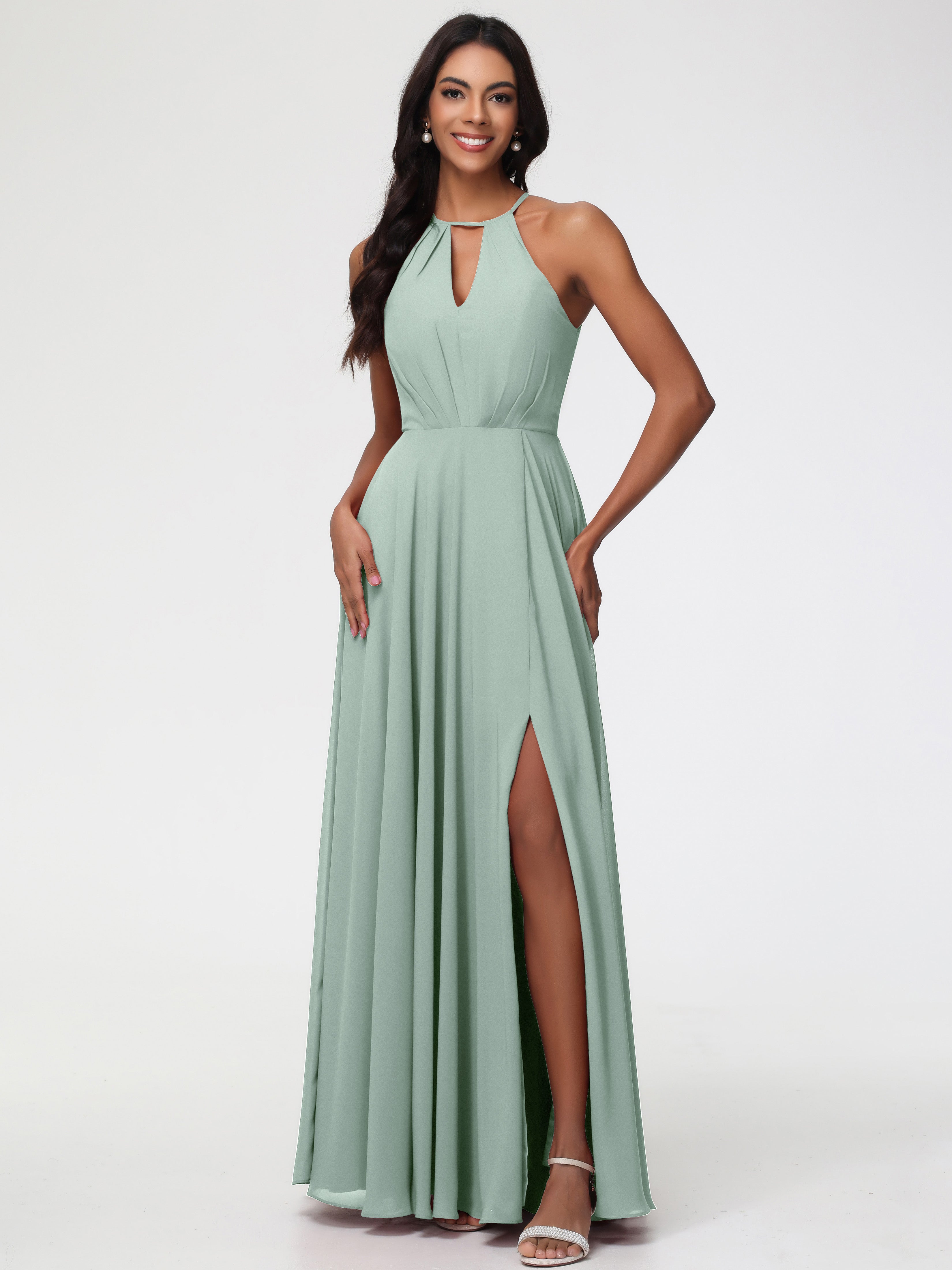 Halter A-Line Sleeveless Floor-Length Split Chiffon Bridesmaid Dresses