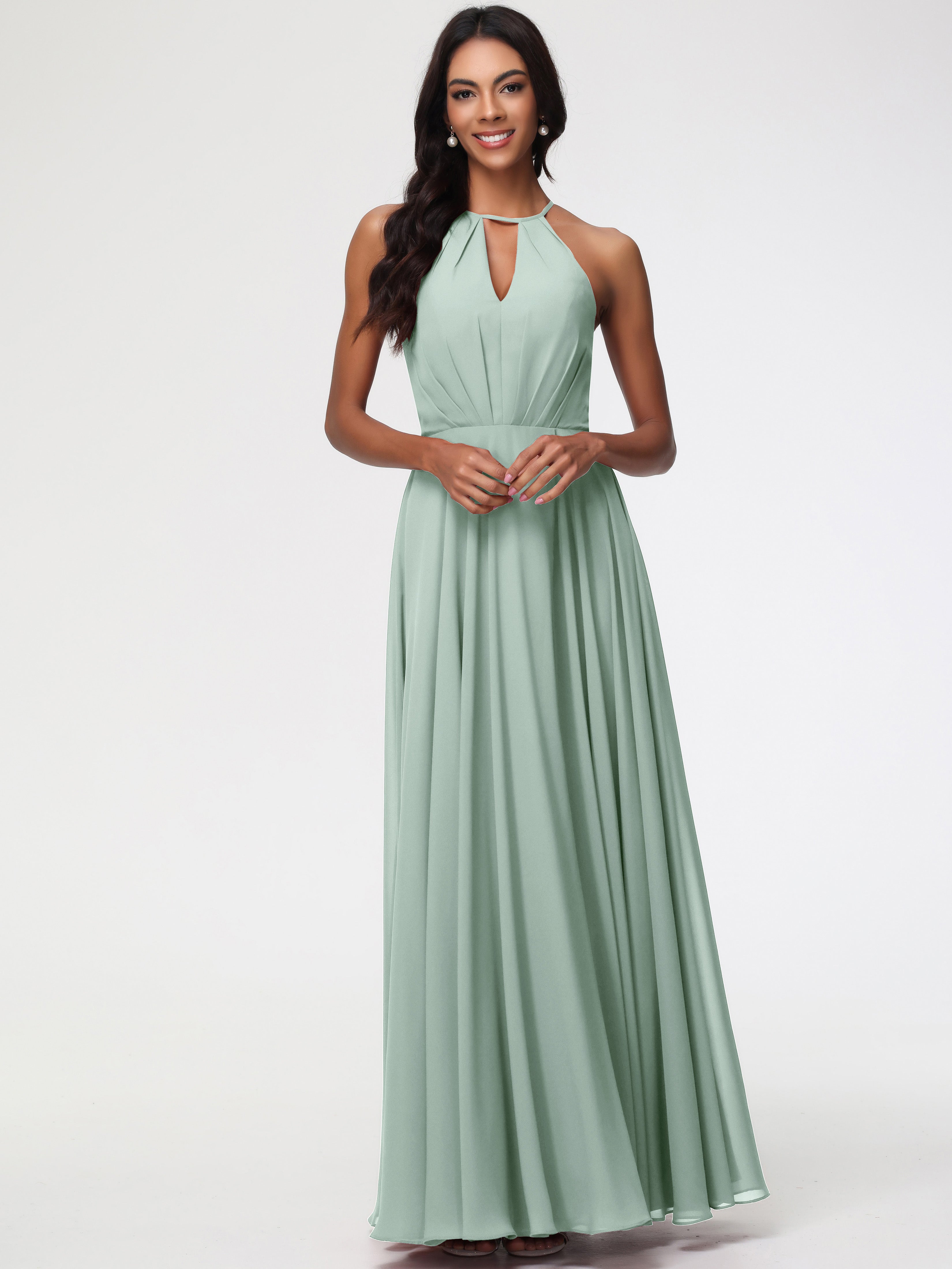 Halter A-Line Sleeveless Floor-Length Split Chiffon Bridesmaid Dresses