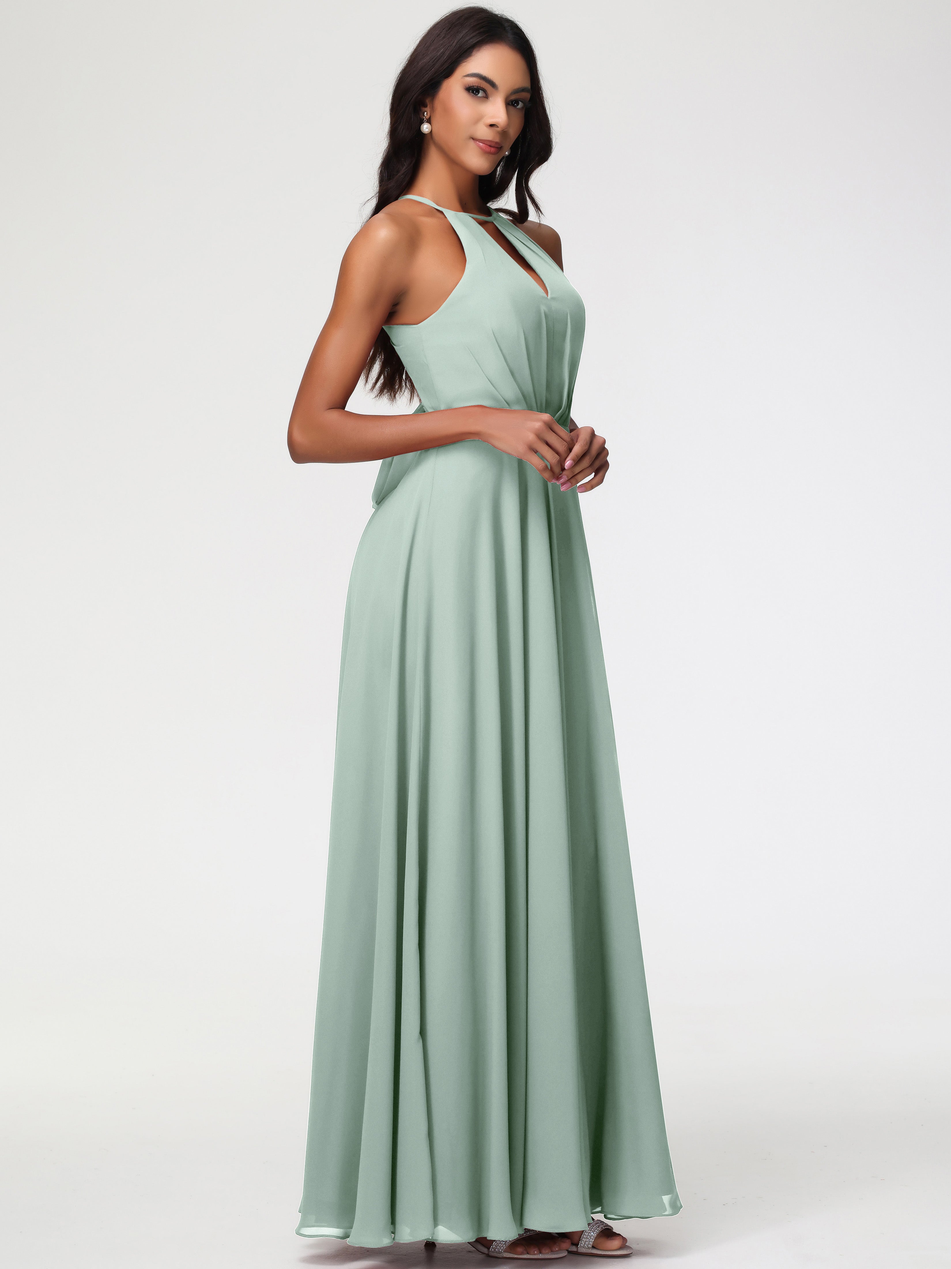 Halter A-Line Sleeveless Floor-Length Split Chiffon Bridesmaid Dresses