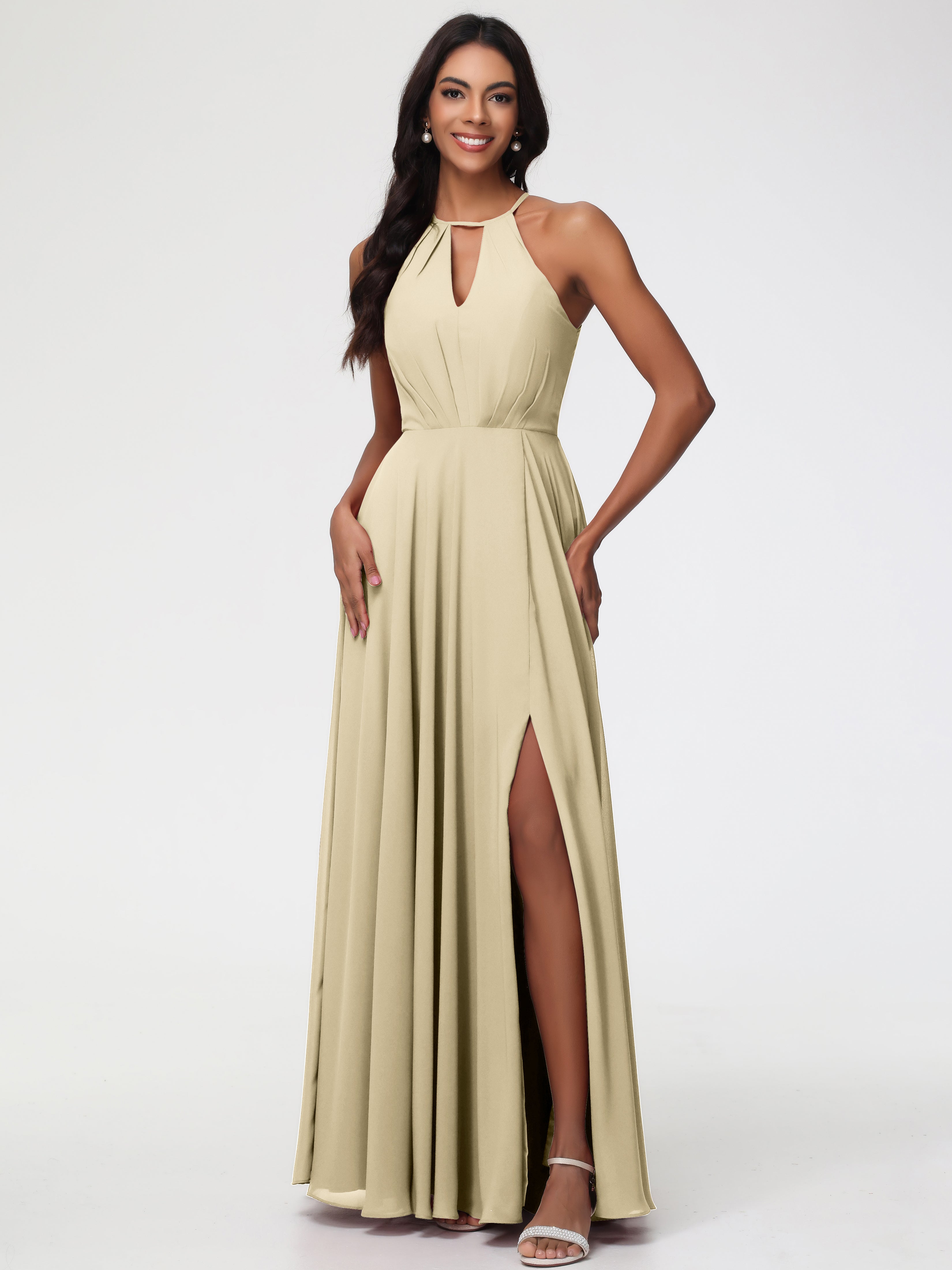 Halter A-Line Sleeveless Floor-Length Split Chiffon Bridesmaid Dresses