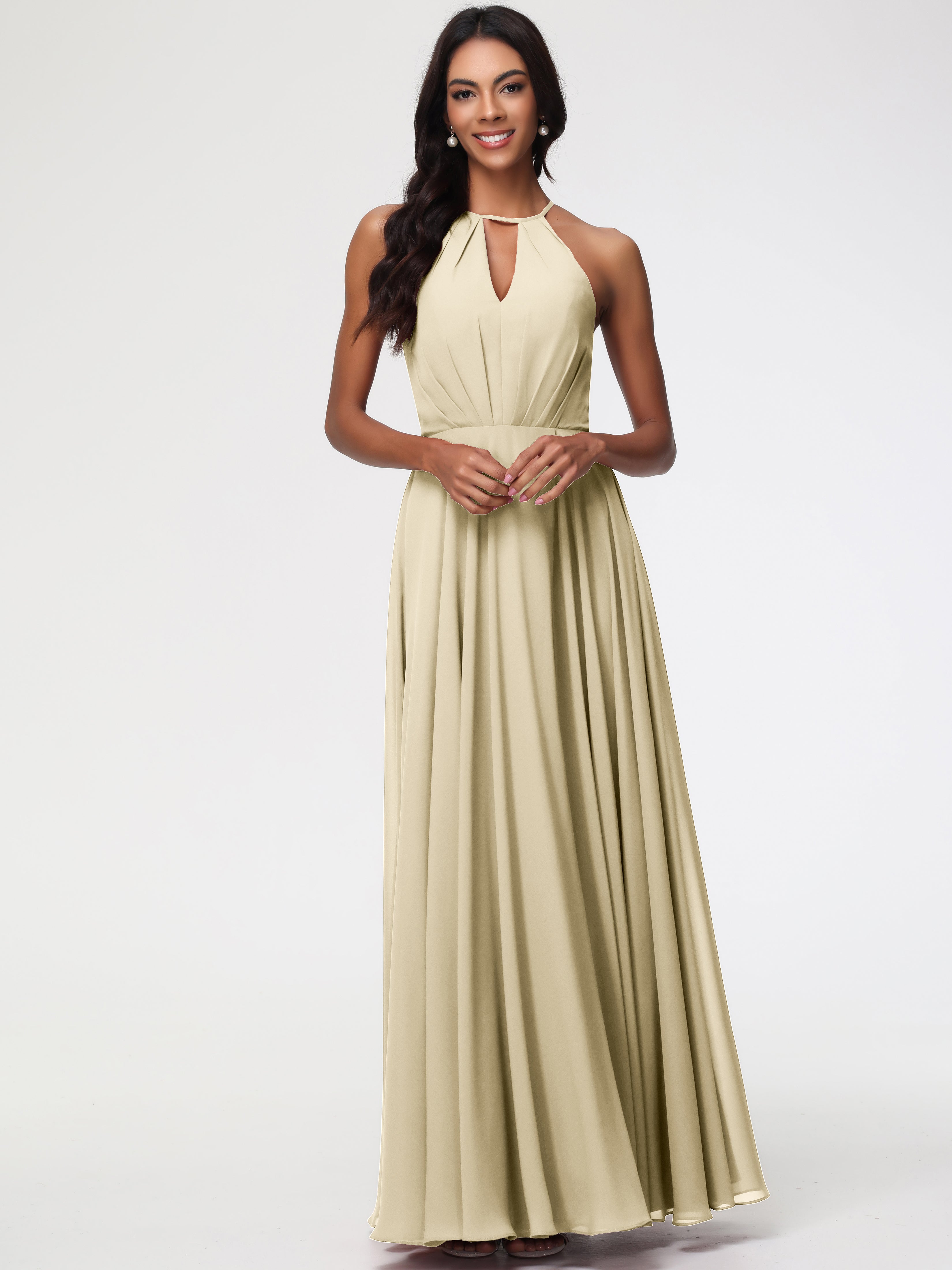 Halter A-Line Sleeveless Floor-Length Split Chiffon Bridesmaid Dresses