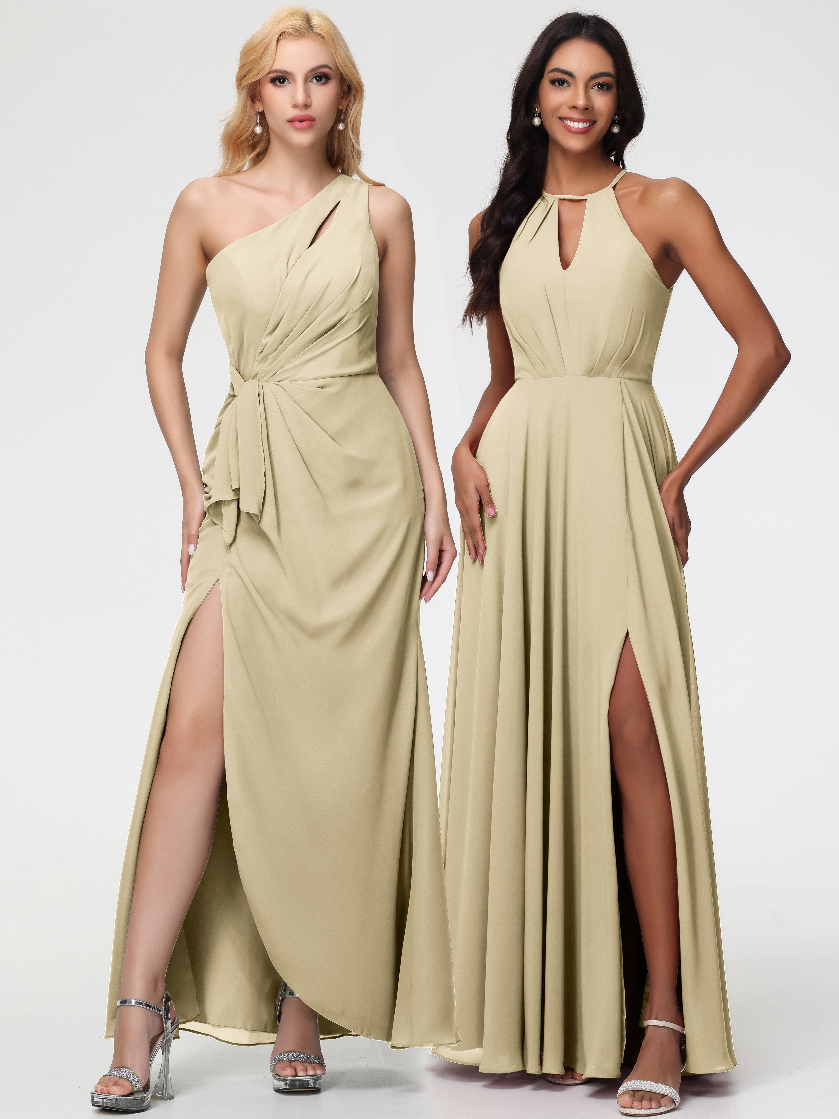 Halter A-Line Sleeveless Floor-Length Split Chiffon Bridesmaid Dresses