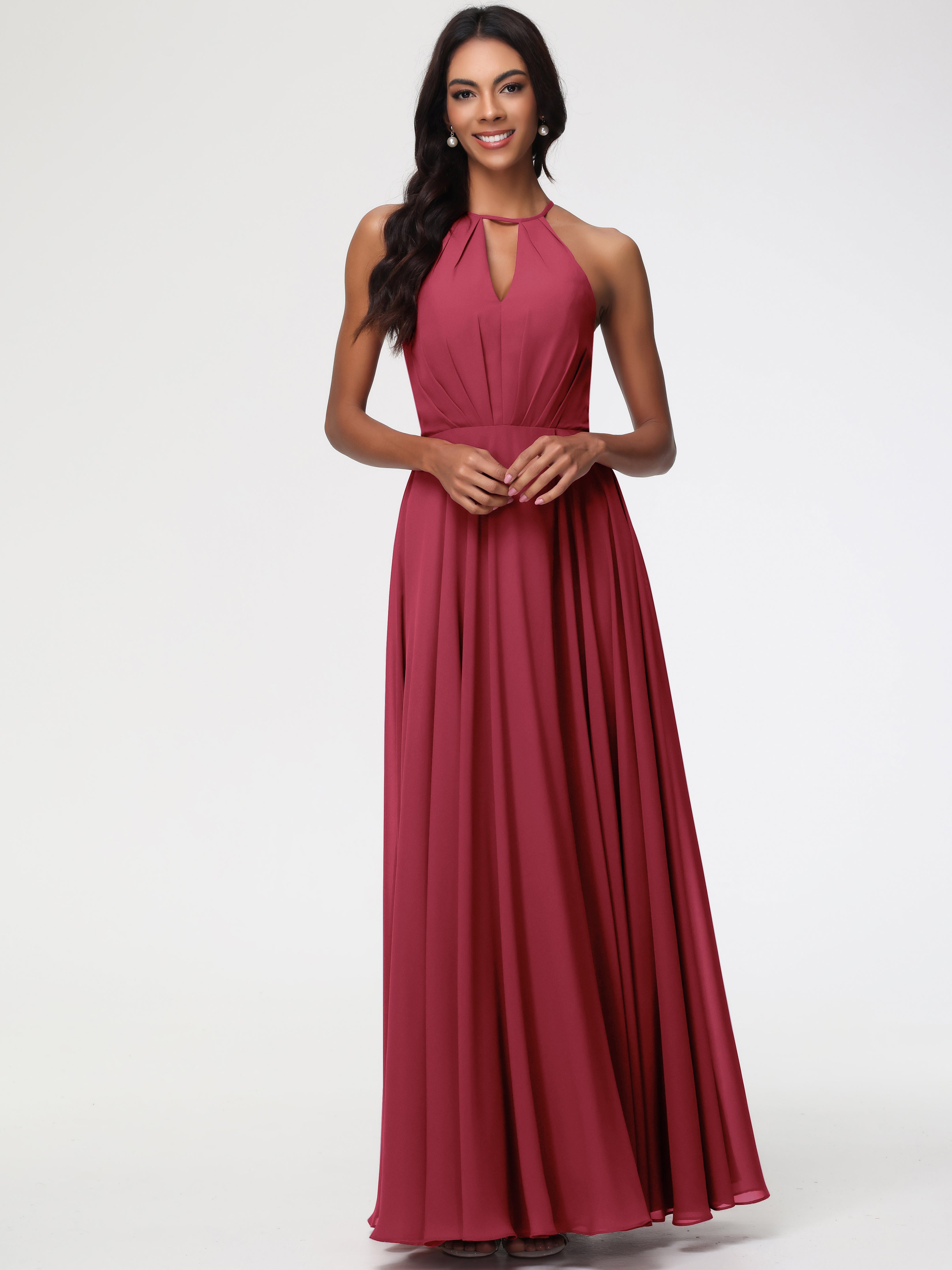 Halter A-Line Sleeveless Floor-Length Split Chiffon Bridesmaid Dresses