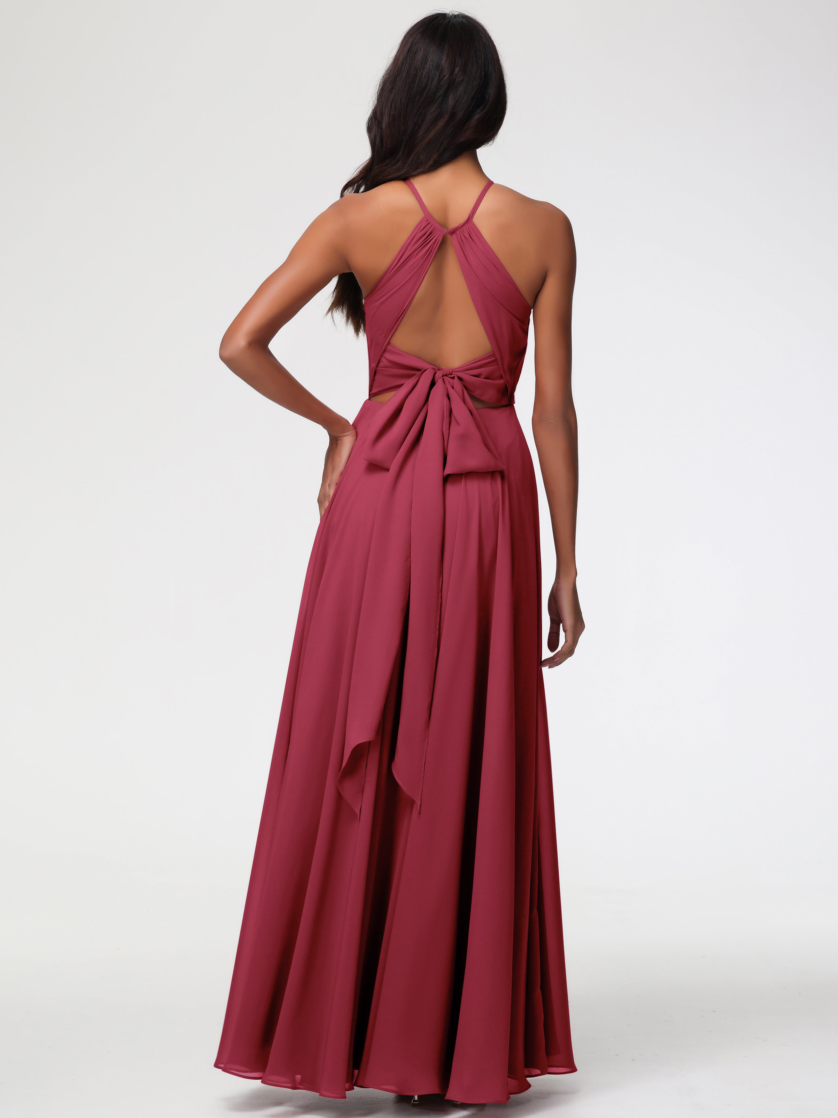 Halter A-Line Sleeveless Floor-Length Split Chiffon Bridesmaid Dresses