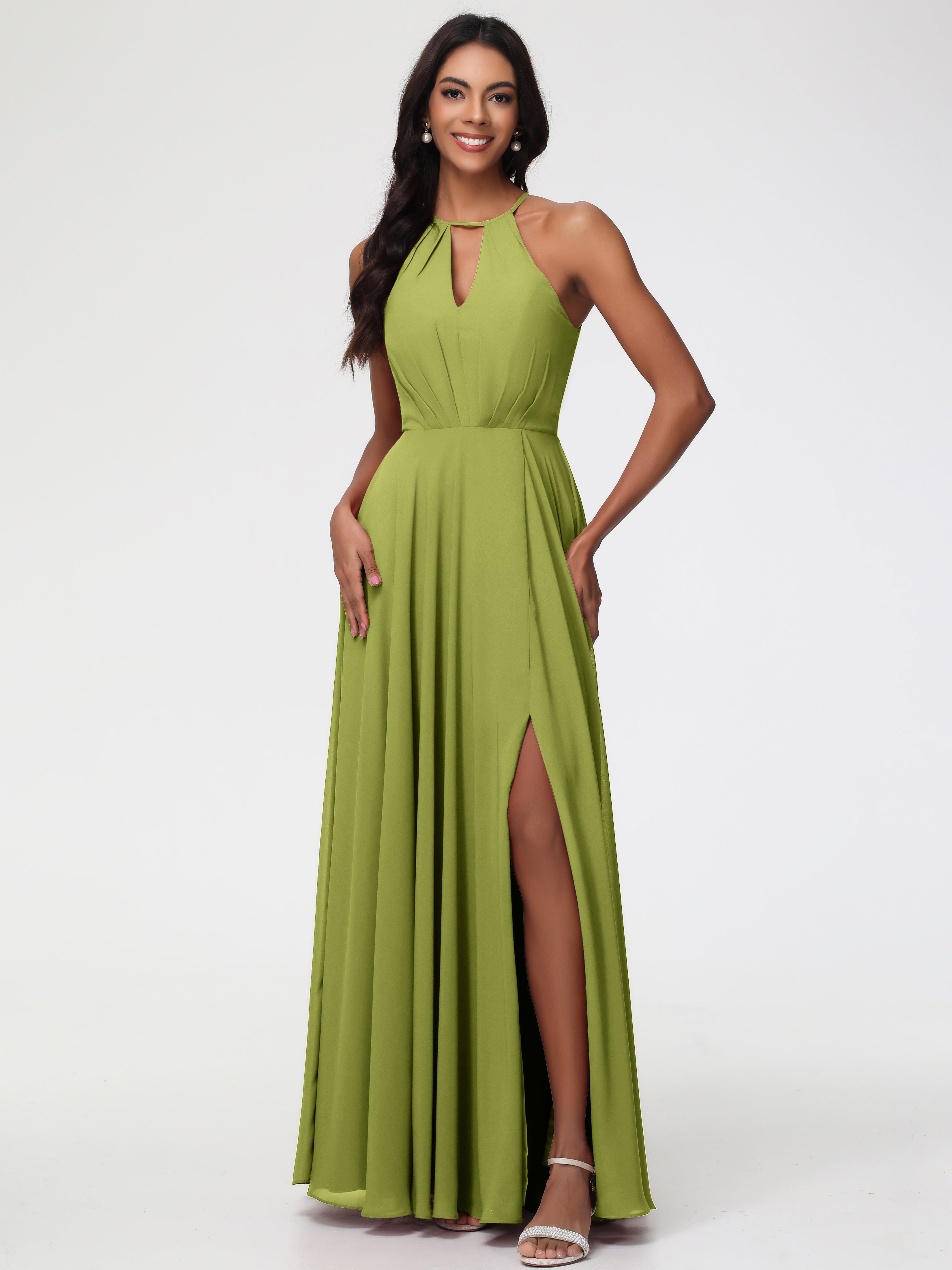 Halter A-Line Sleeveless Floor-Length Split Chiffon Bridesmaid Dresses