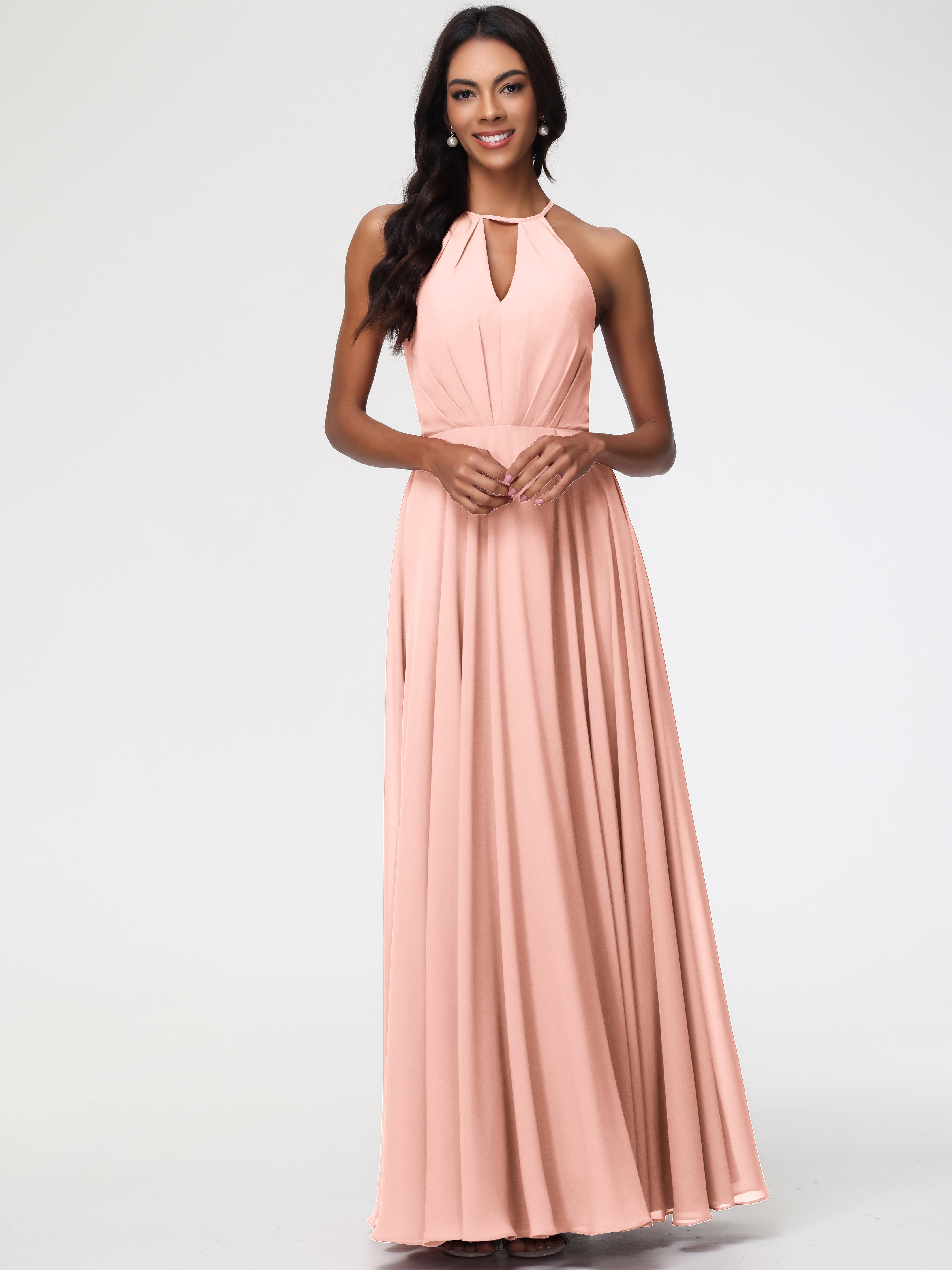 Halter A-Line Sleeveless Floor-Length Split Chiffon Bridesmaid Dresses