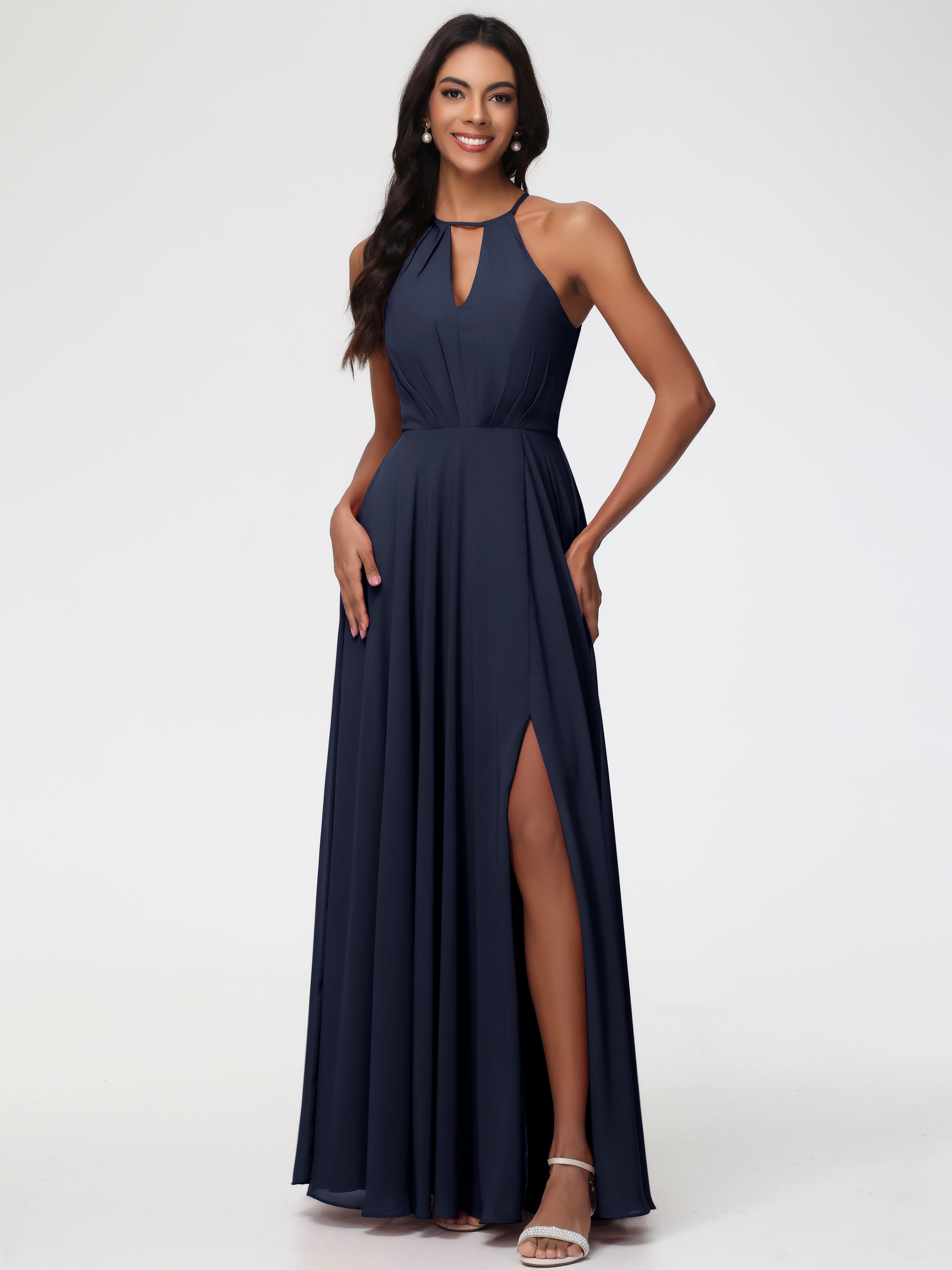 Halter A-Line Sleeveless Floor-Length Split Chiffon Bridesmaid Dresses