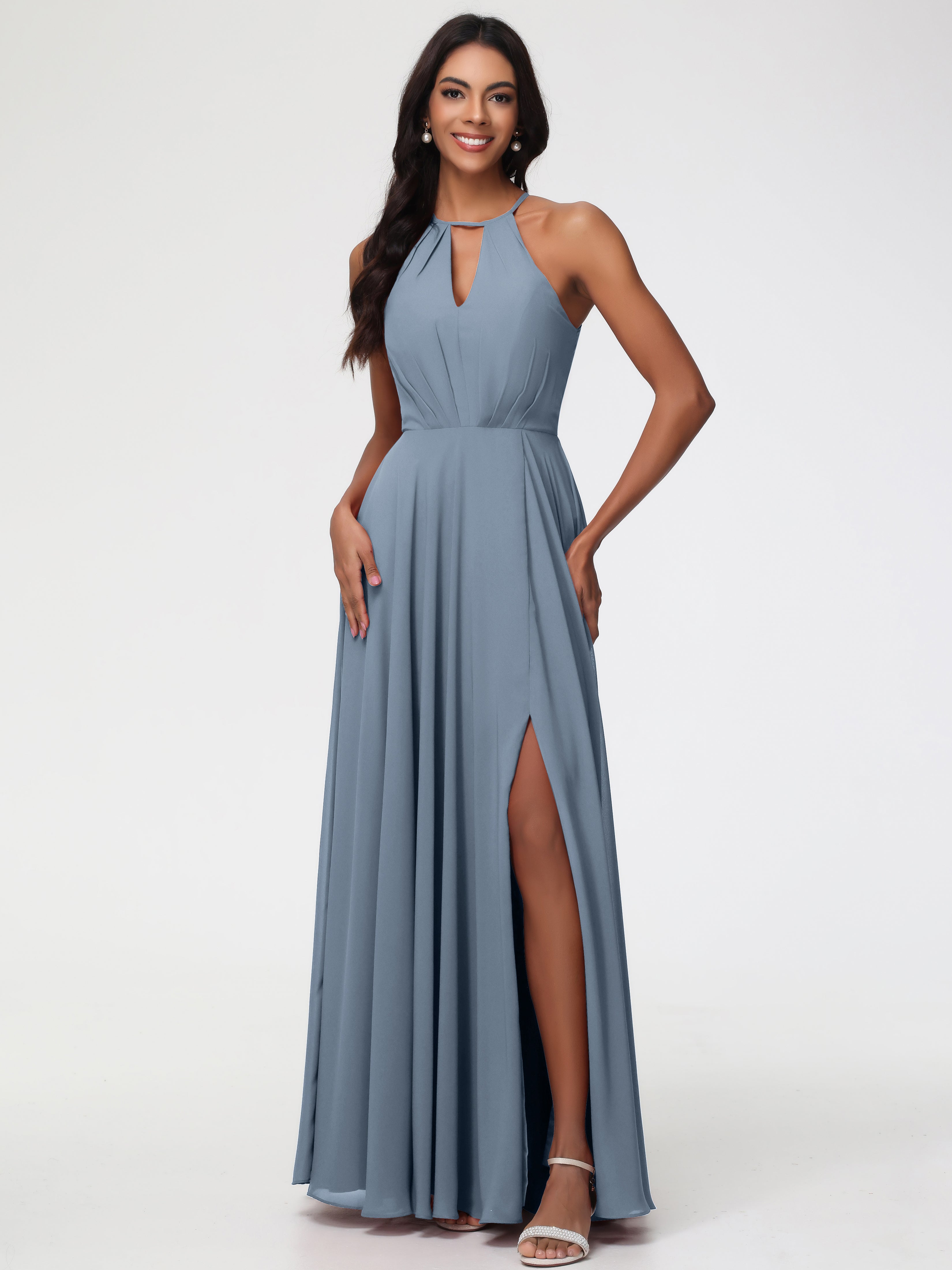 Halter A-Line Sleeveless Floor-Length Split Chiffon Bridesmaid Dresses