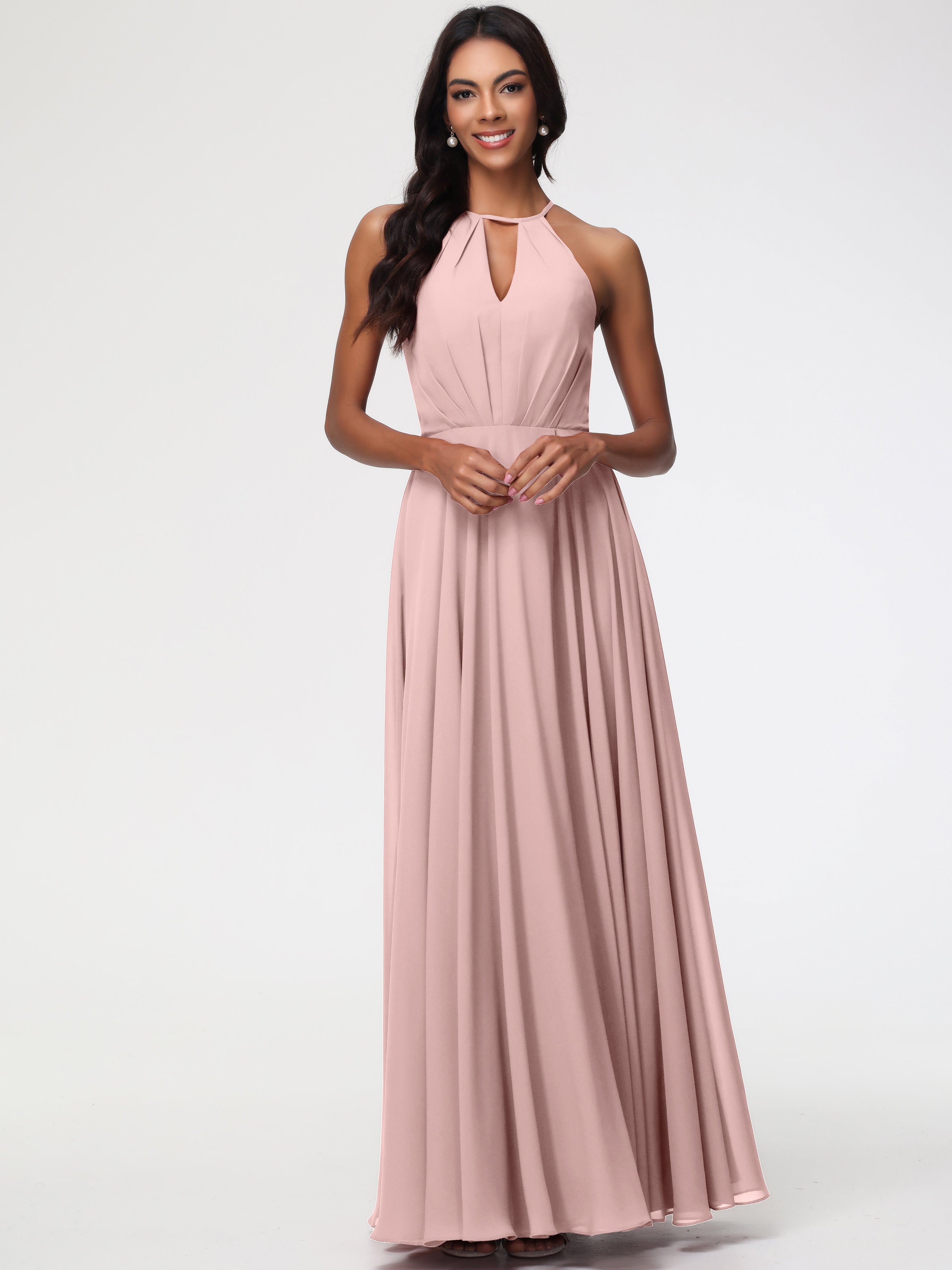 Halter A-Line Sleeveless Floor-Length Split Chiffon Bridesmaid Dresses