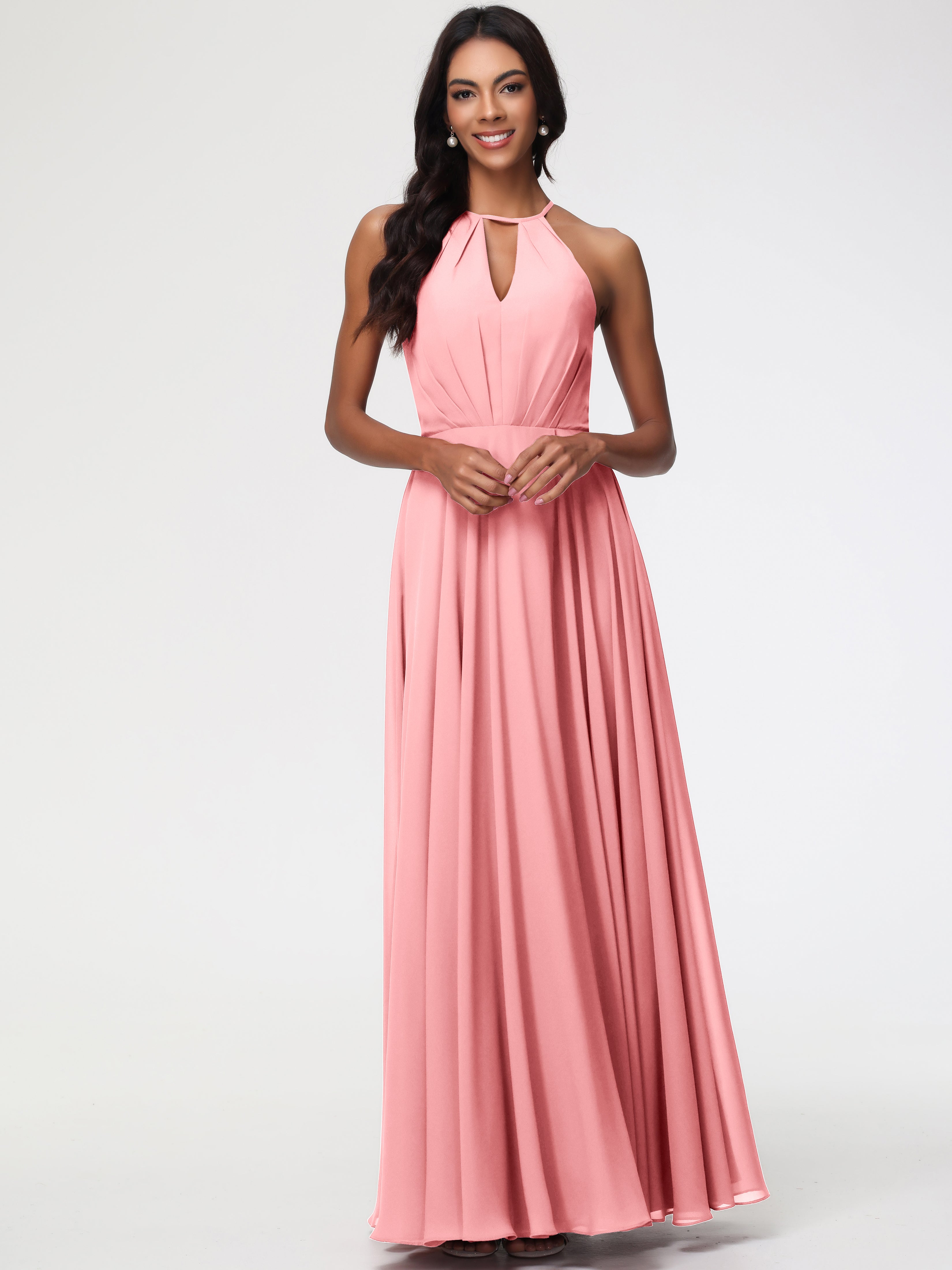 Halter A-Line Sleeveless Floor-Length Split Chiffon Bridesmaid Dresses