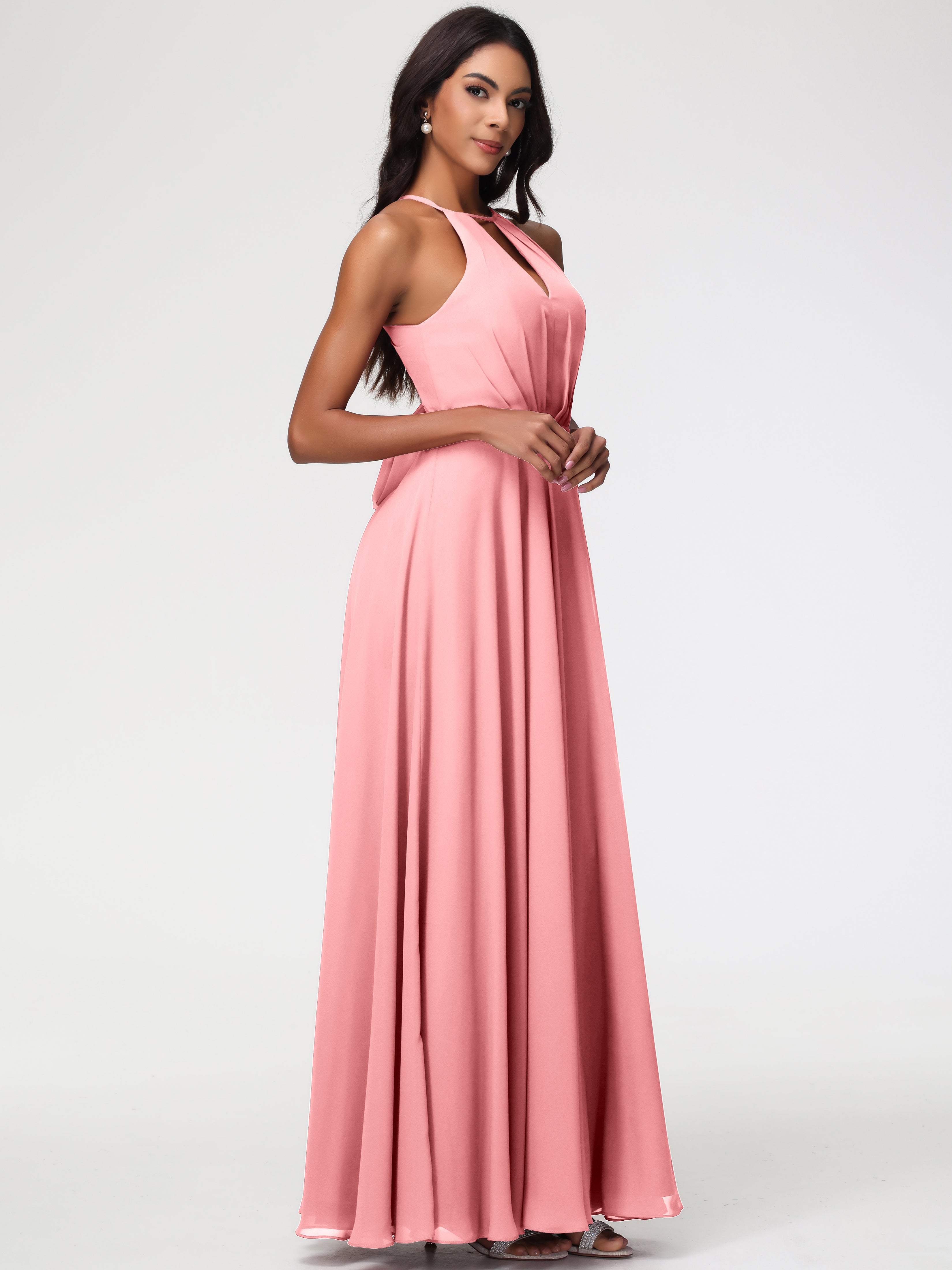 Halter A-Line Sleeveless Floor-Length Split Chiffon Bridesmaid Dresses