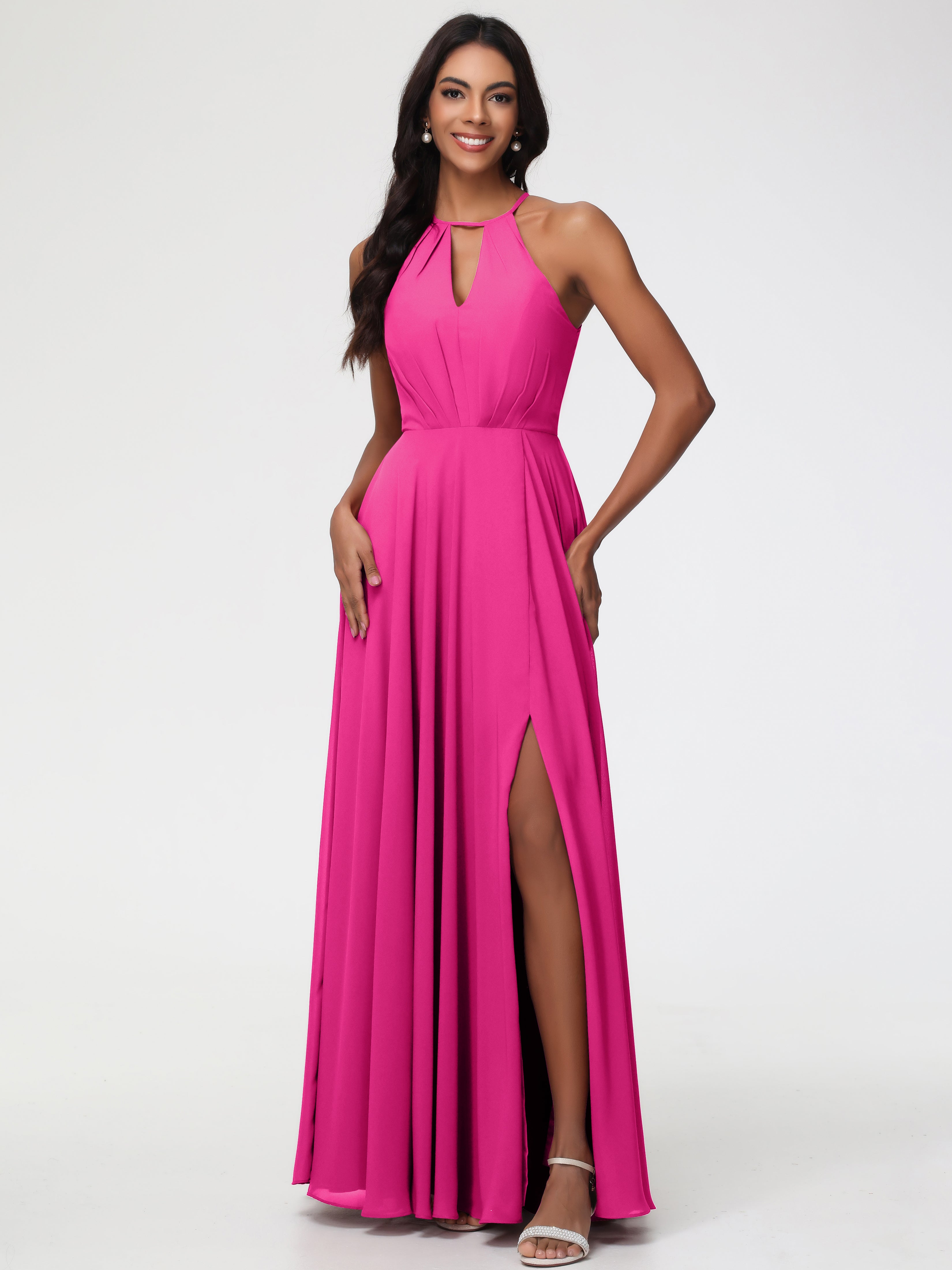 Halter A-Line Sleeveless Floor-Length Split Chiffon Bridesmaid Dresses