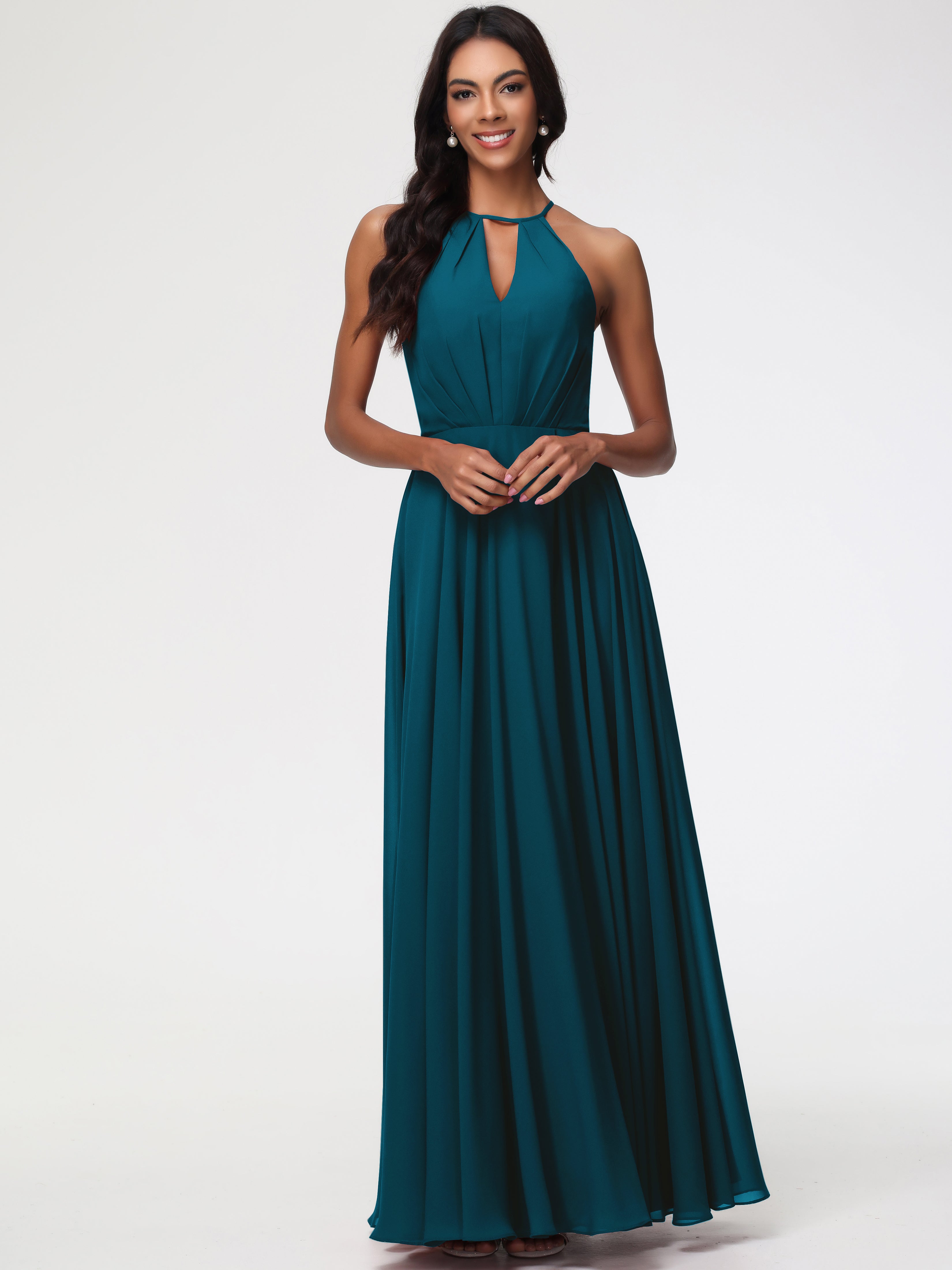 Halter A-Line Sleeveless Floor-Length Split Chiffon Bridesmaid Dresses