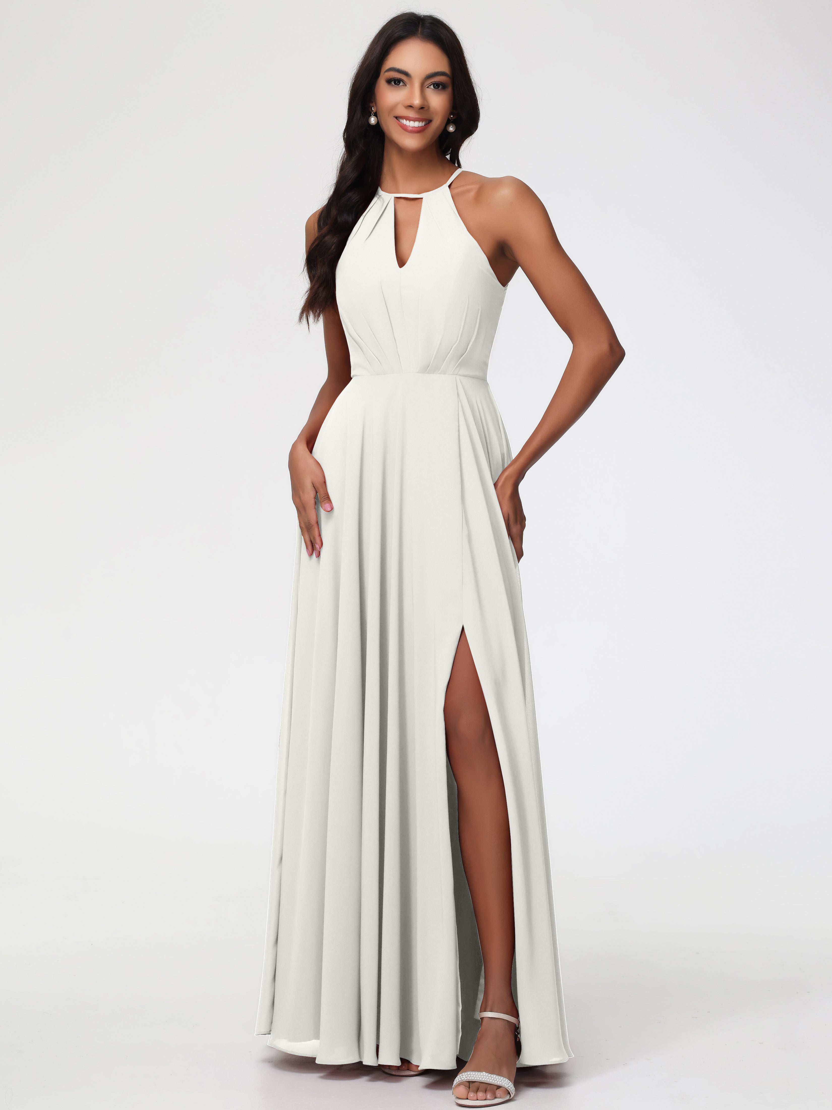 Halter A-Line Sleeveless Floor-Length Split Chiffon Bridesmaid Dresses