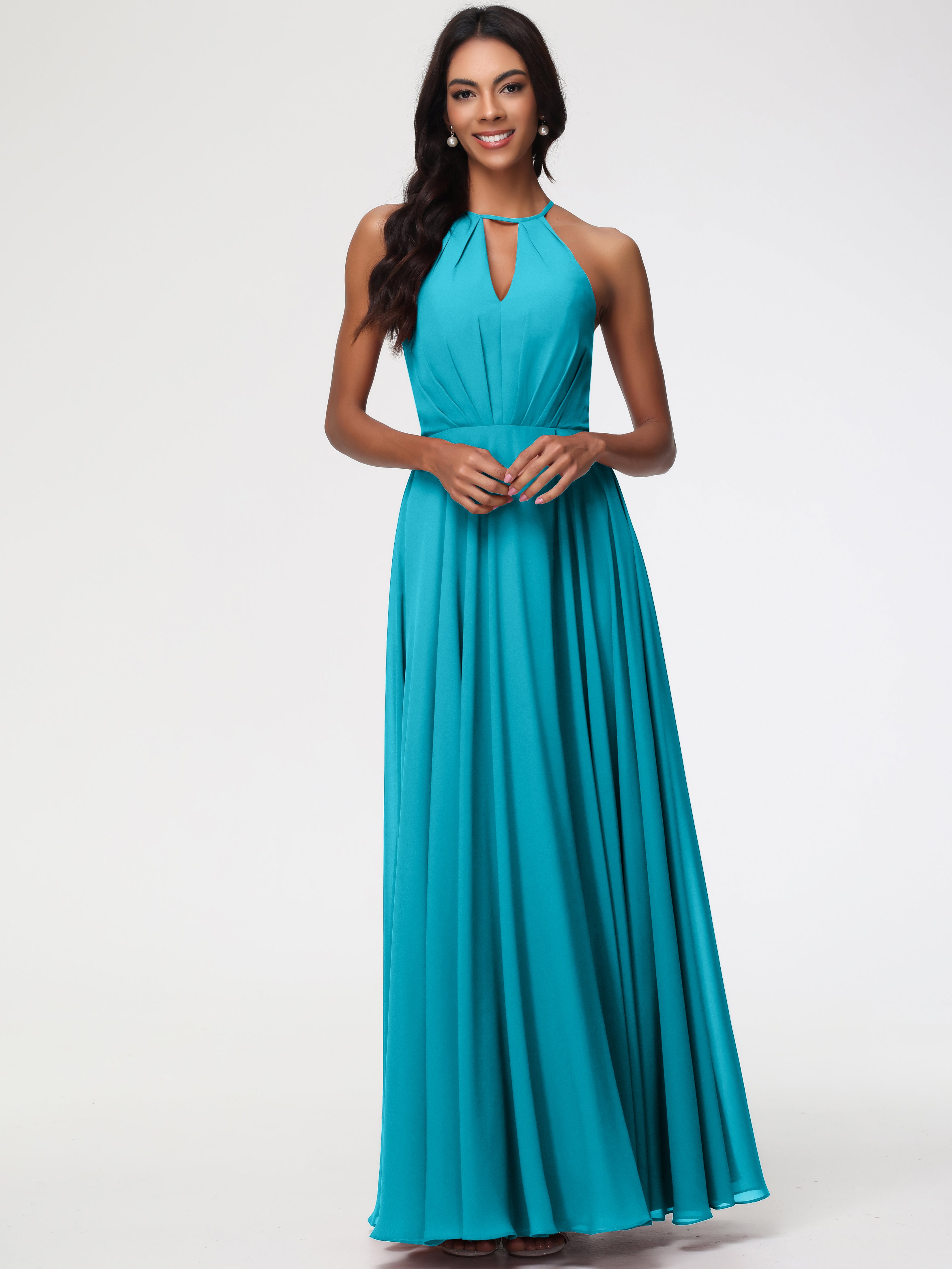 Halter A-Line Sleeveless Floor-Length Split Chiffon Bridesmaid Dresses