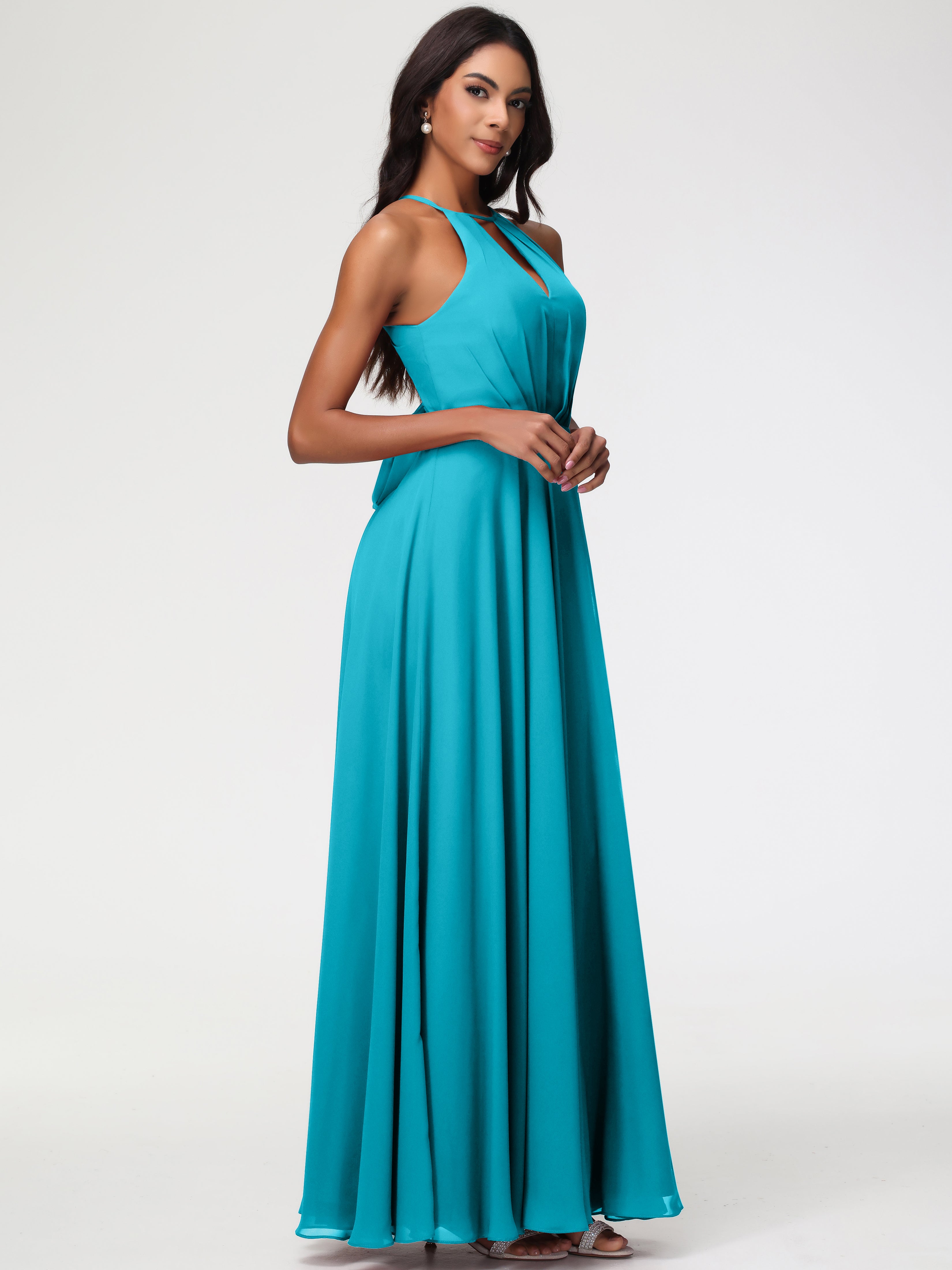 Halter A-Line Sleeveless Floor-Length Split Chiffon Bridesmaid Dresses