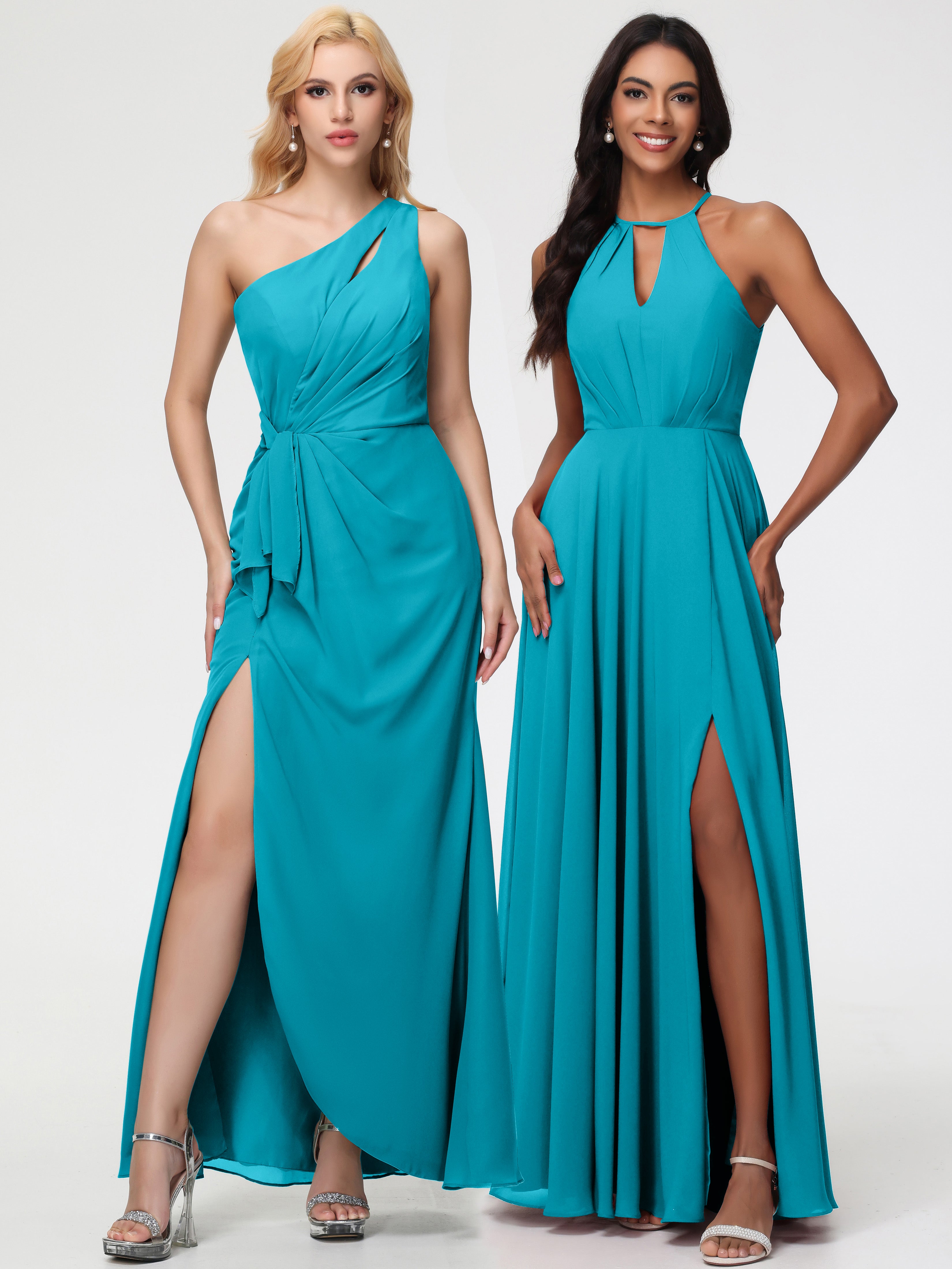 Halter A-Line Sleeveless Floor-Length Split Chiffon Bridesmaid Dresses