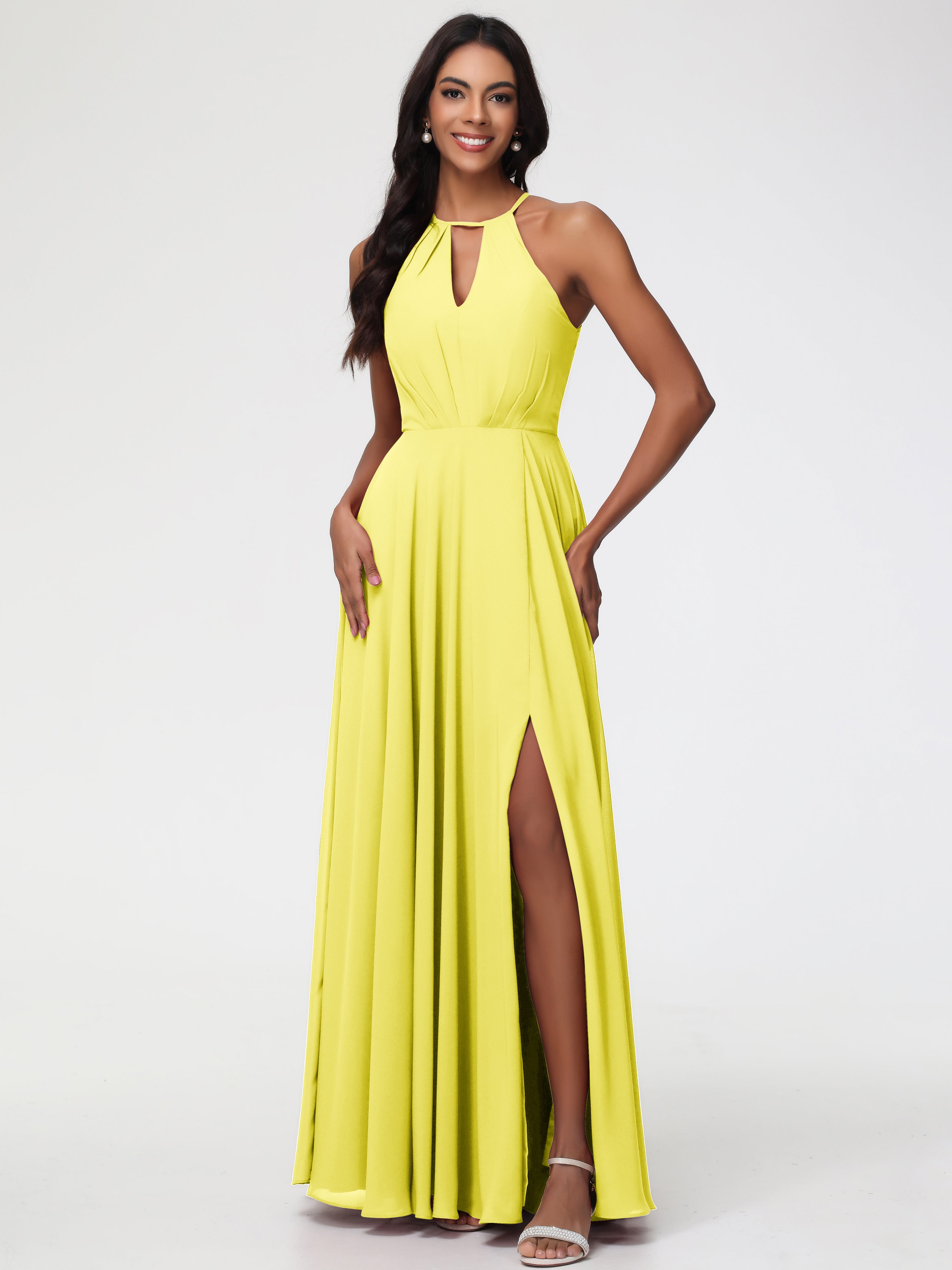 Bridesmaid Dress Lemon Halter A-Line Sleeveless Floor-Length Split Chi