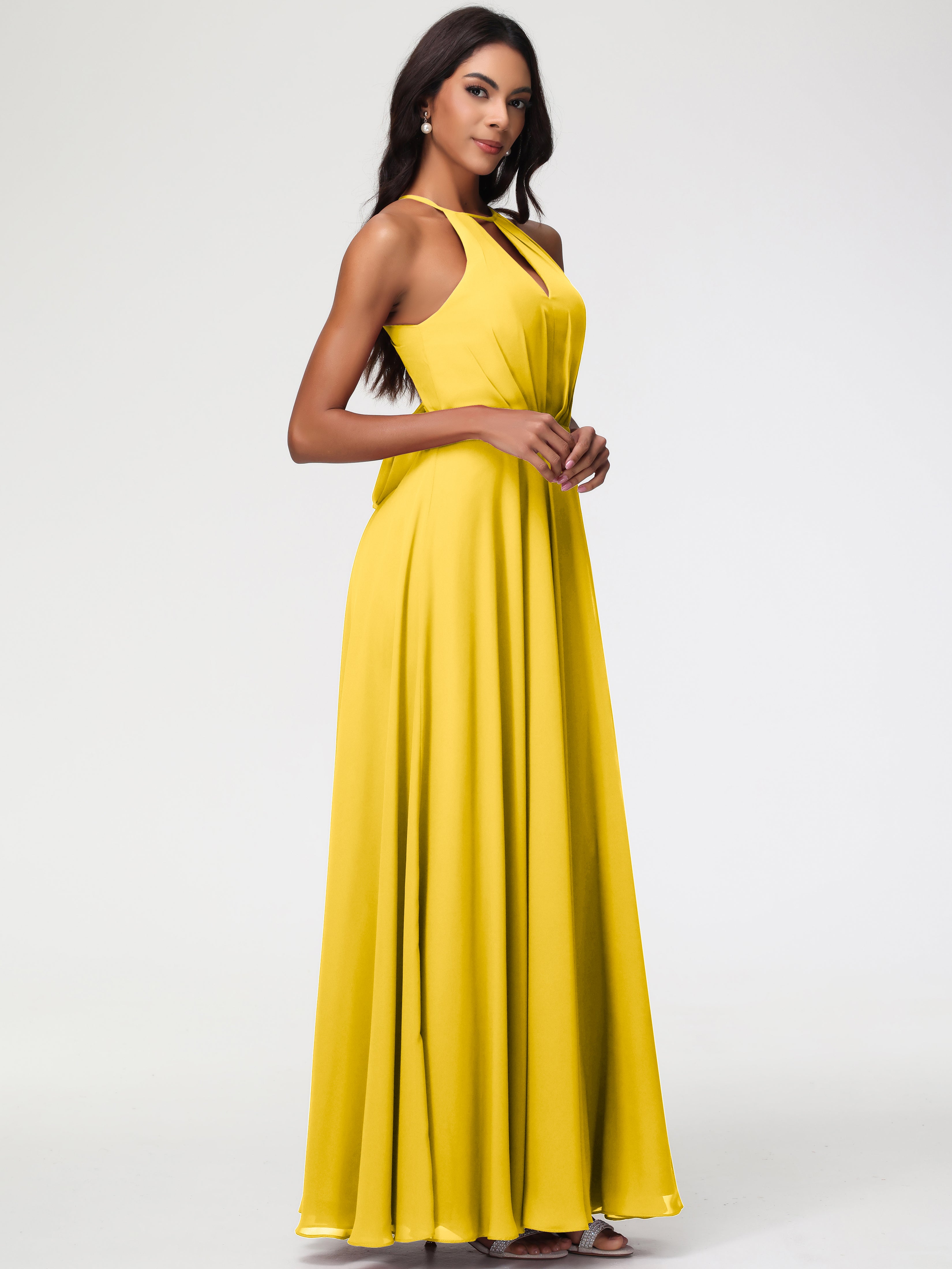 Halter A-Line Sleeveless Floor-Length Split Chiffon Bridesmaid Dresses