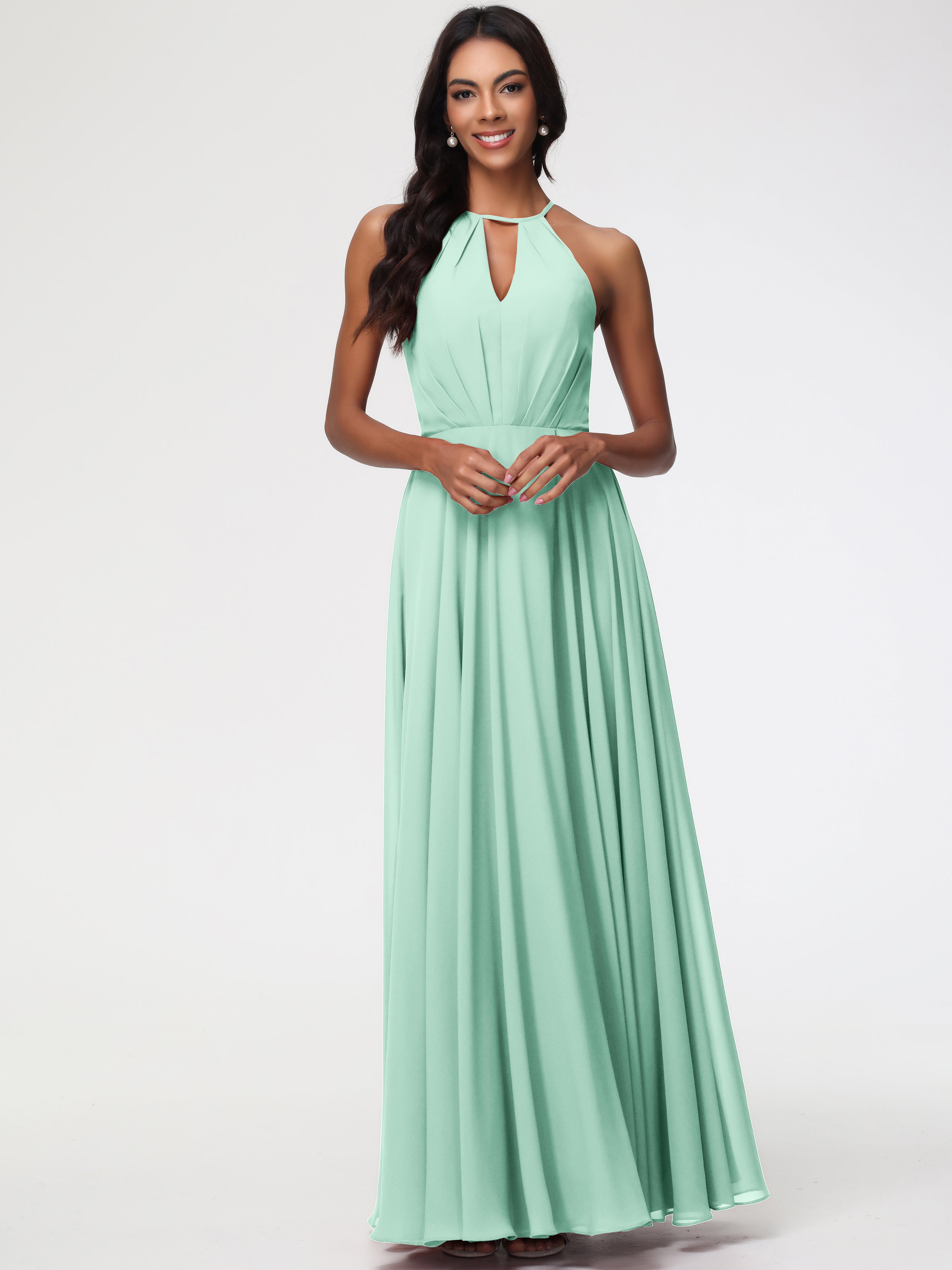 Halter A-Line Sleeveless Floor-Length Split Chiffon Bridesmaid Dresses