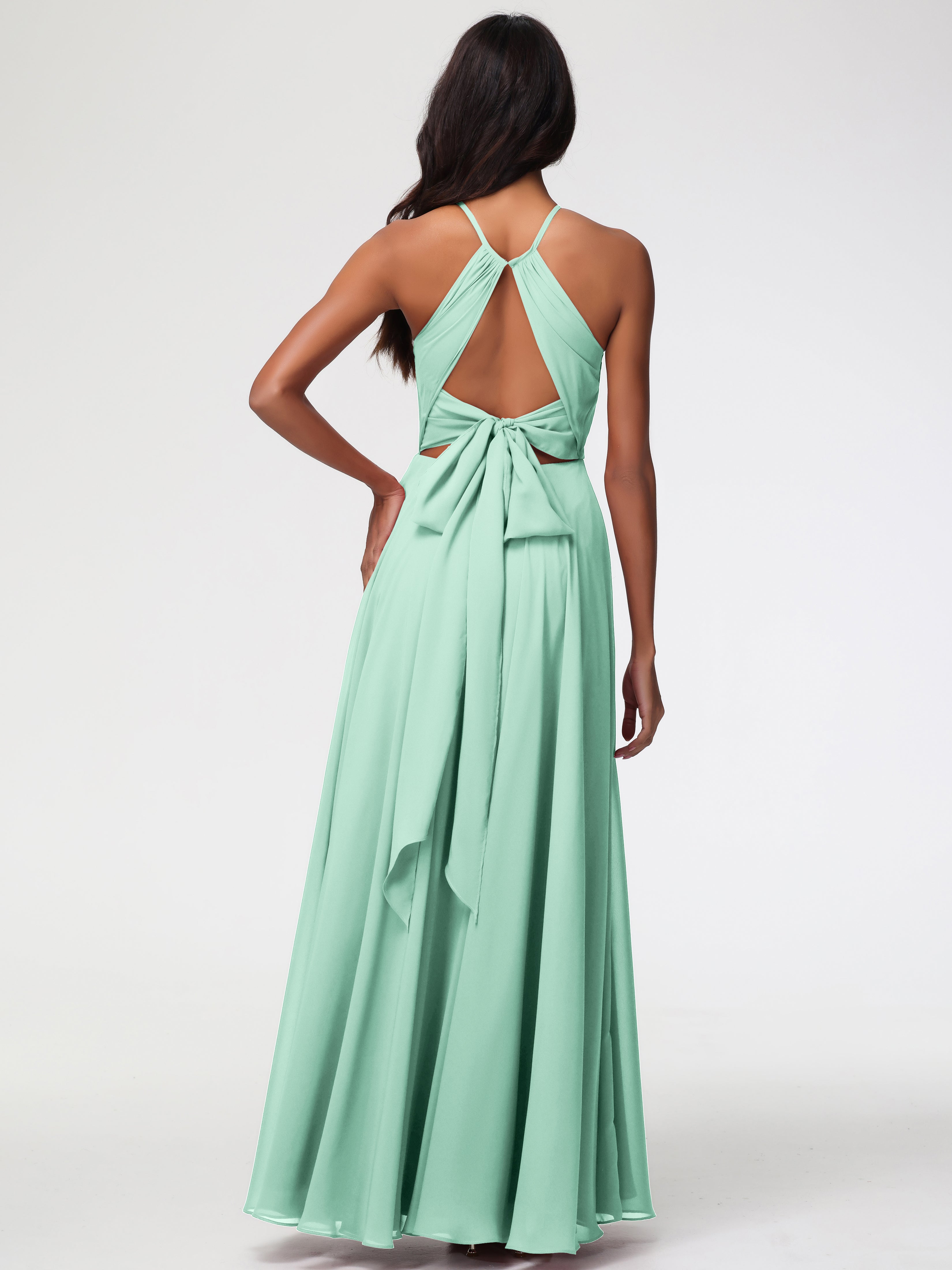 Halter A-Line Sleeveless Floor-Length Split Chiffon Bridesmaid Dresses