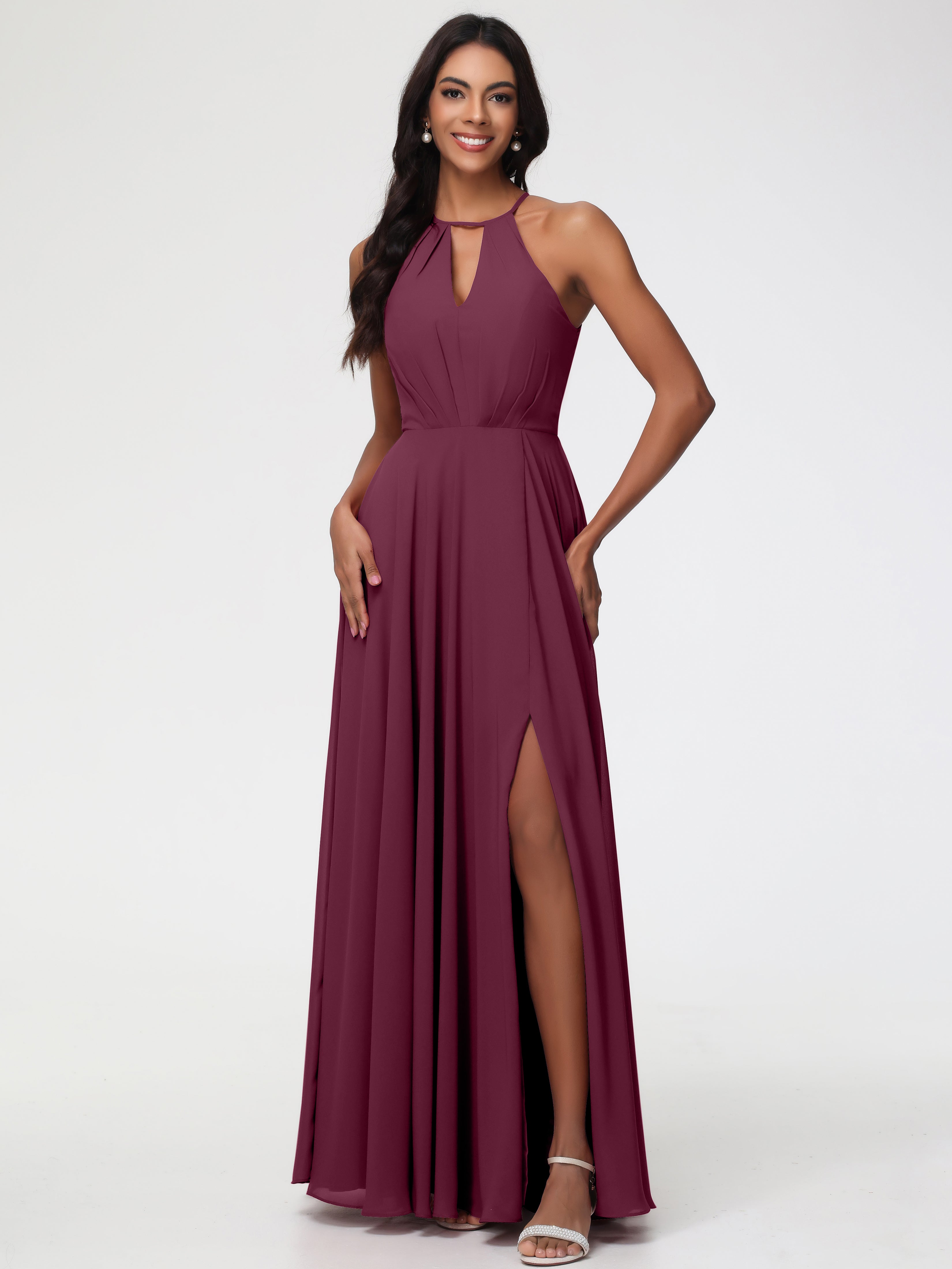 Halter A-Line Sleeveless Floor-Length Split Chiffon Bridesmaid Dresses (Copy)