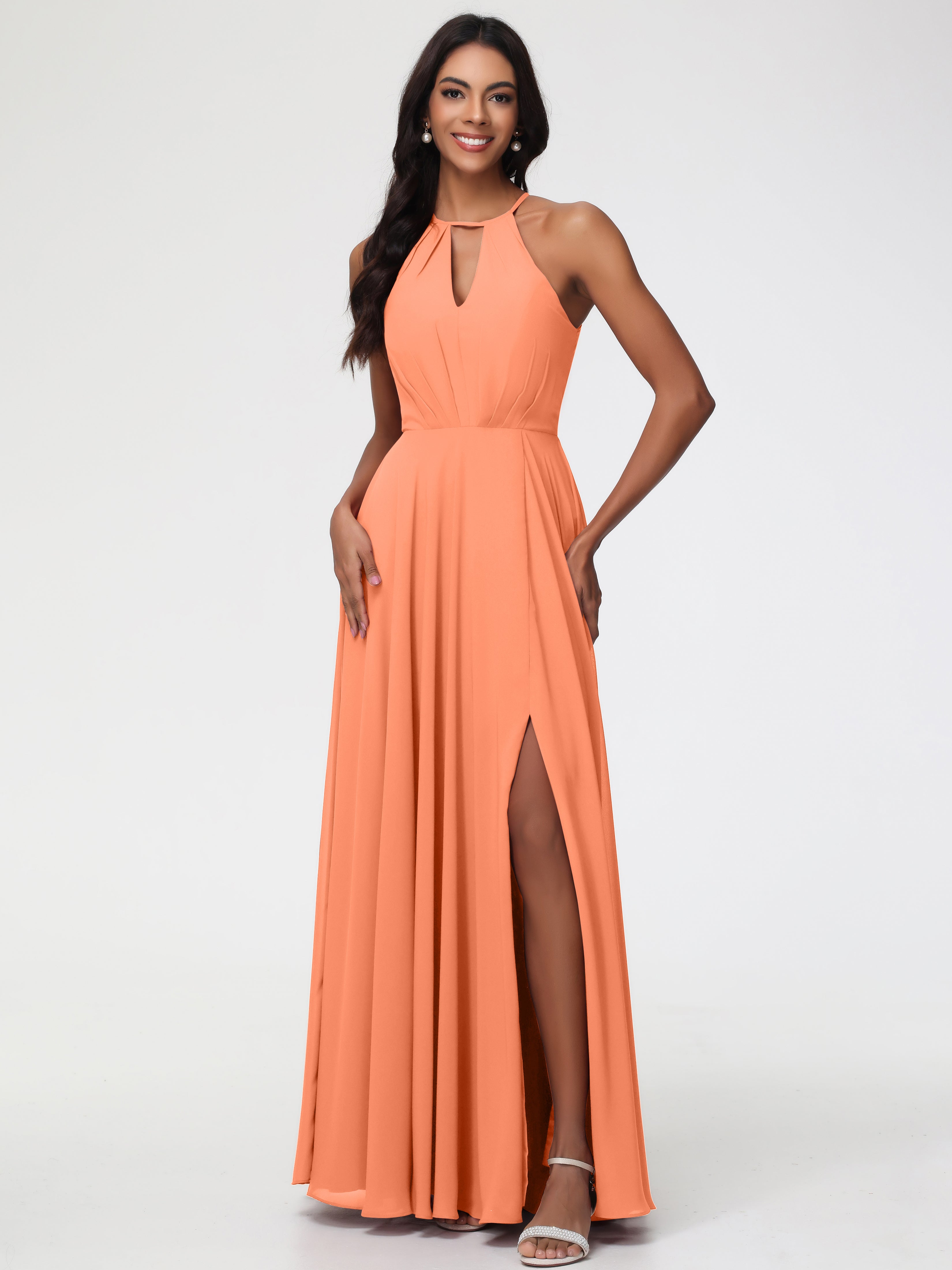 Halter A-Line Sleeveless Floor-Length Split Chiffon Bridesmaid Dresses (Copy)