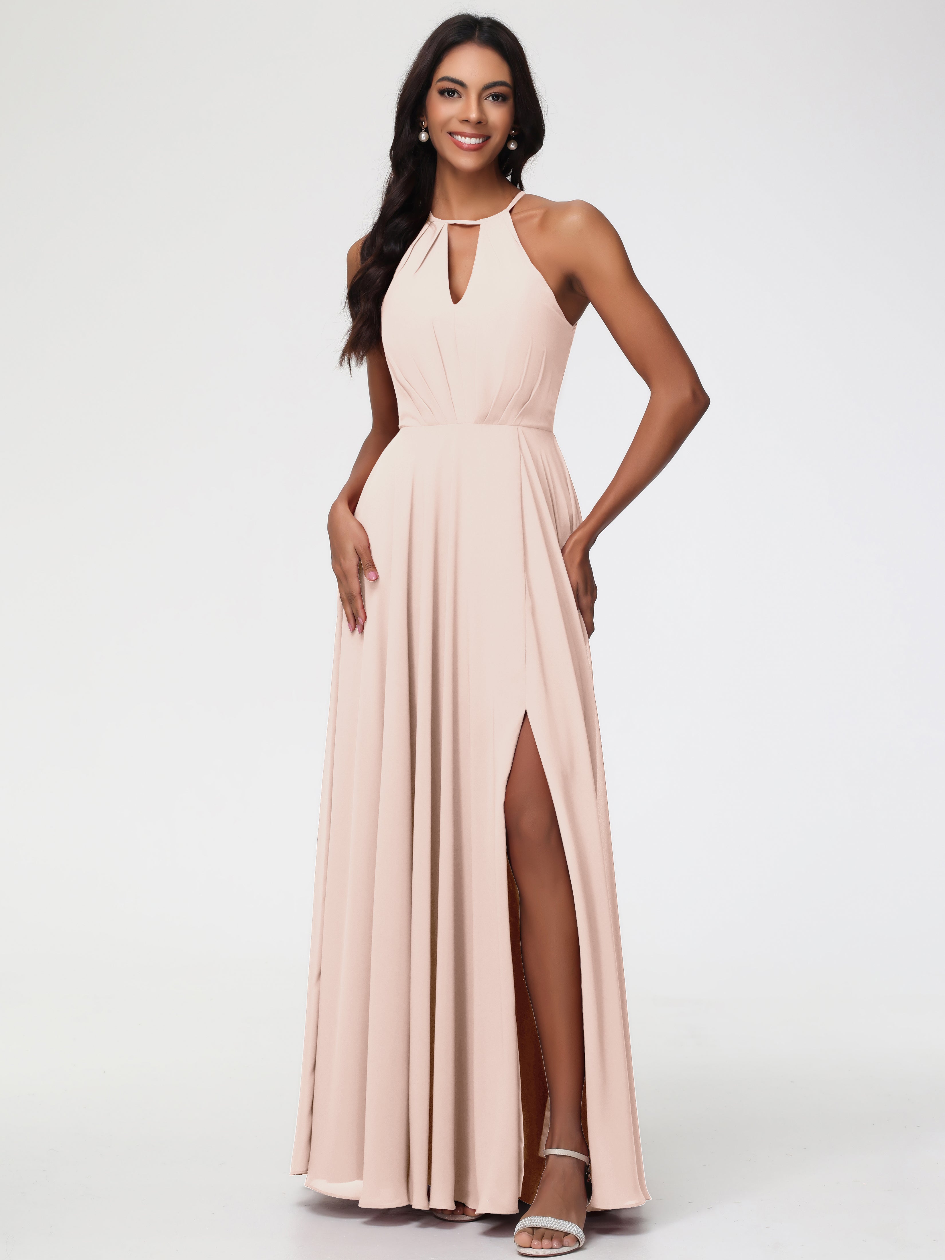 Halter A-Line Sleeveless Floor-Length Split Chiffon Bridesmaid Dresses (Copy)