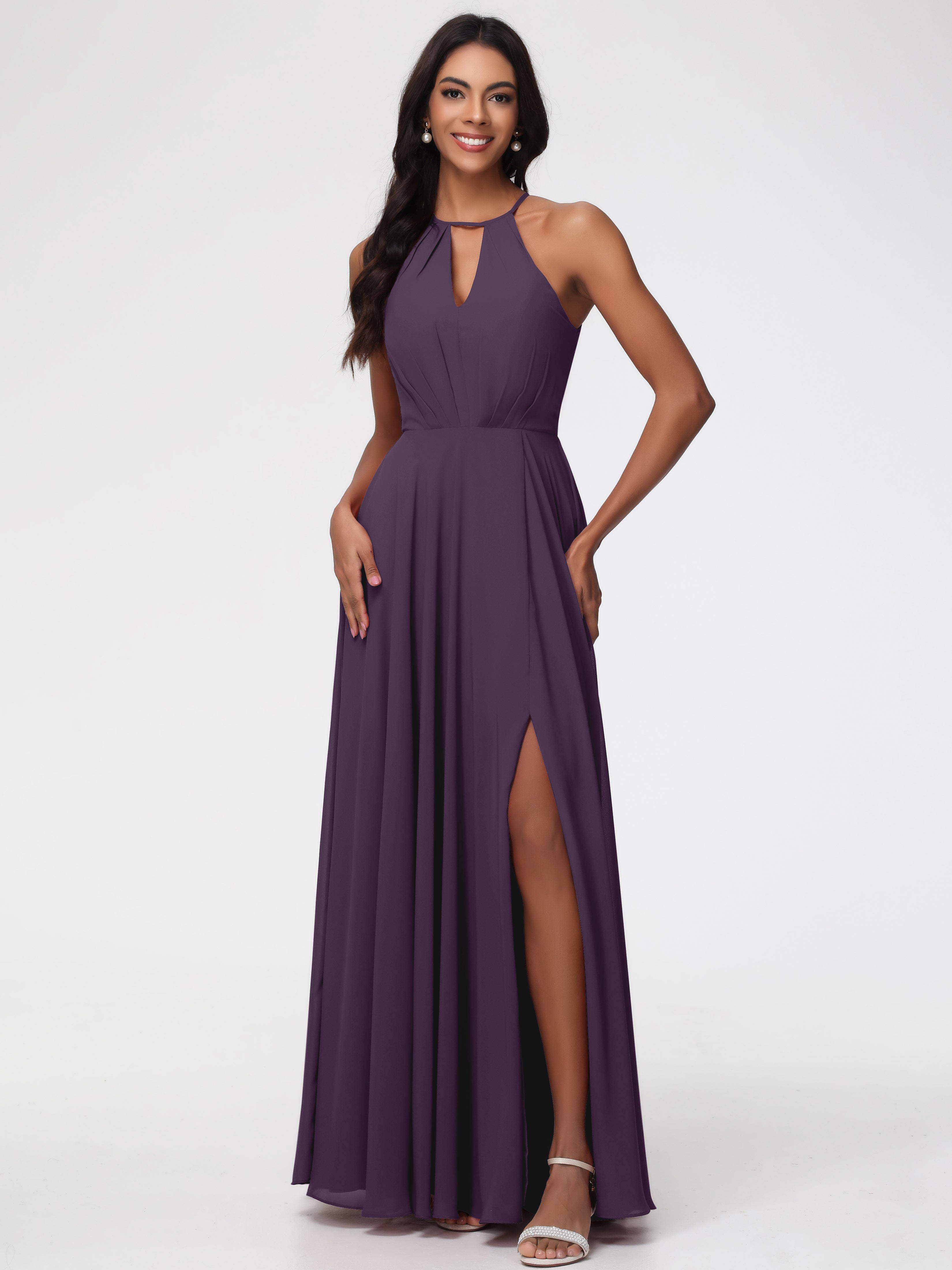 Plum Coloured Bridesmaid Dresses Halter A-Line Sleeveless Floor-Length