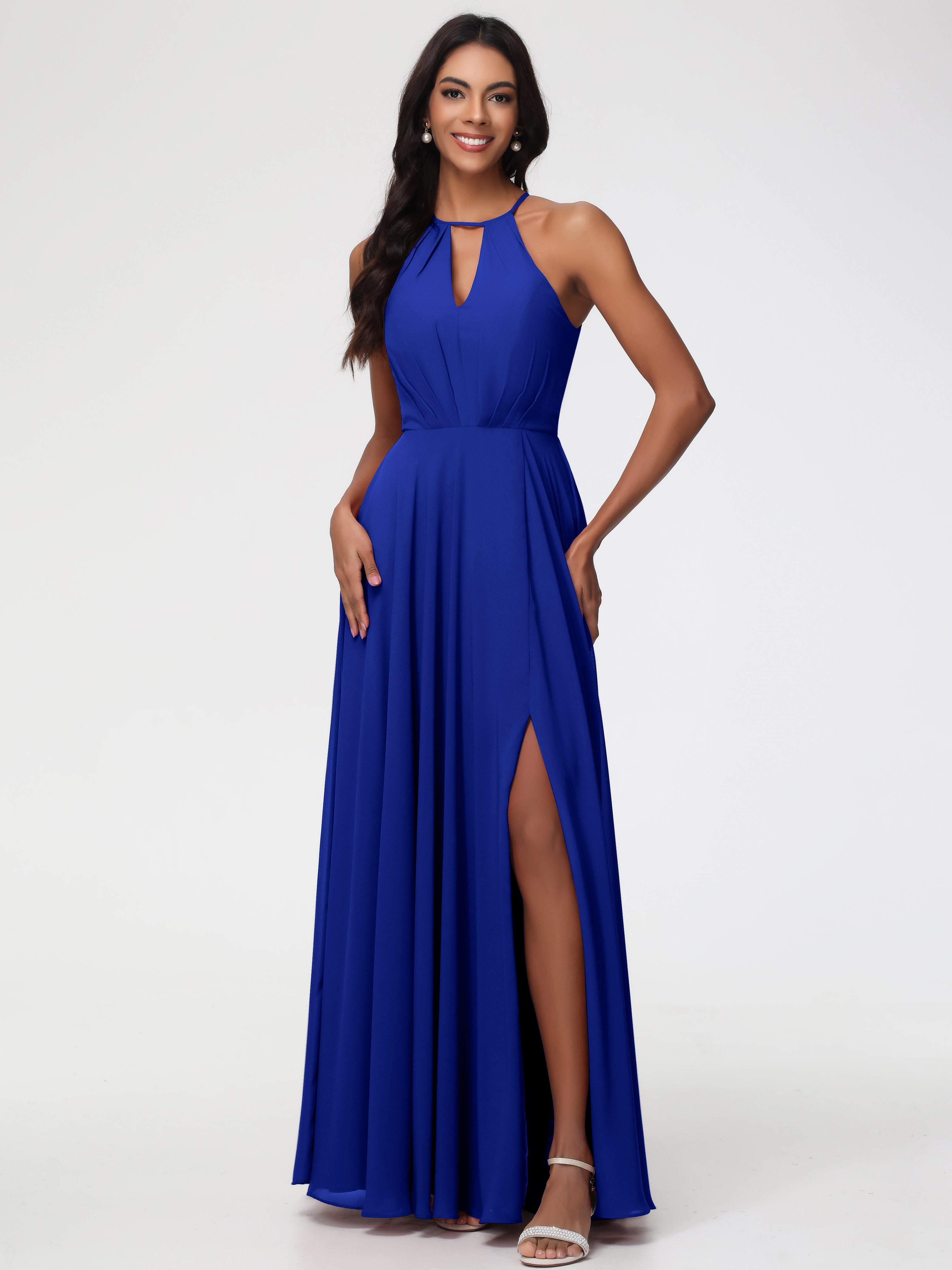 Royal Blue Bridesmaid Halter A-Line Sleeveless Floor-Length Split Chif Royal Blue Bridesmaid Halter A-Line Sleeveless Floor-Length Split Chif
