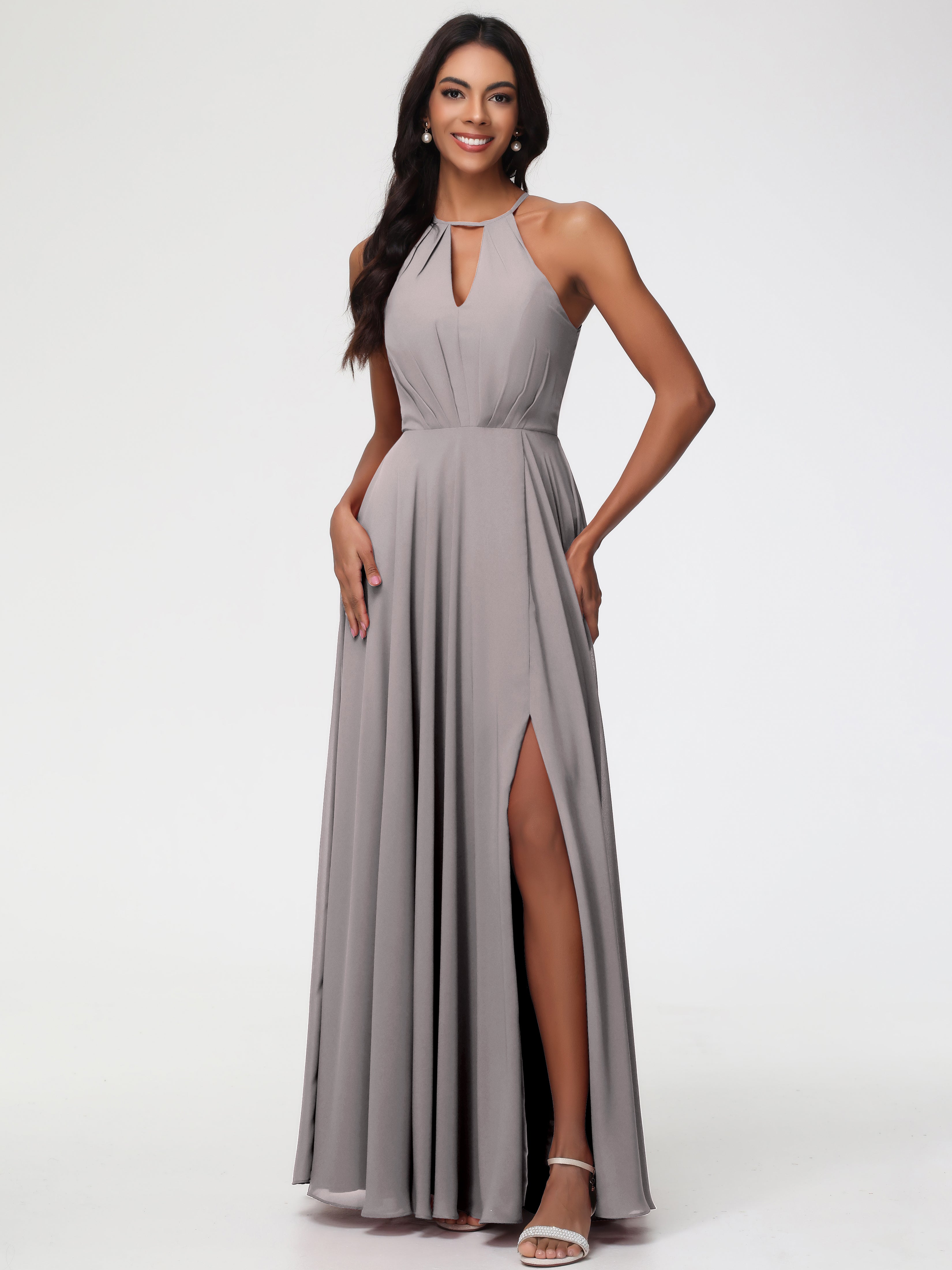 Halter A-Line Sleeveless Floor-Length Split Chiffon Bridesmaid Dresses (Copy)