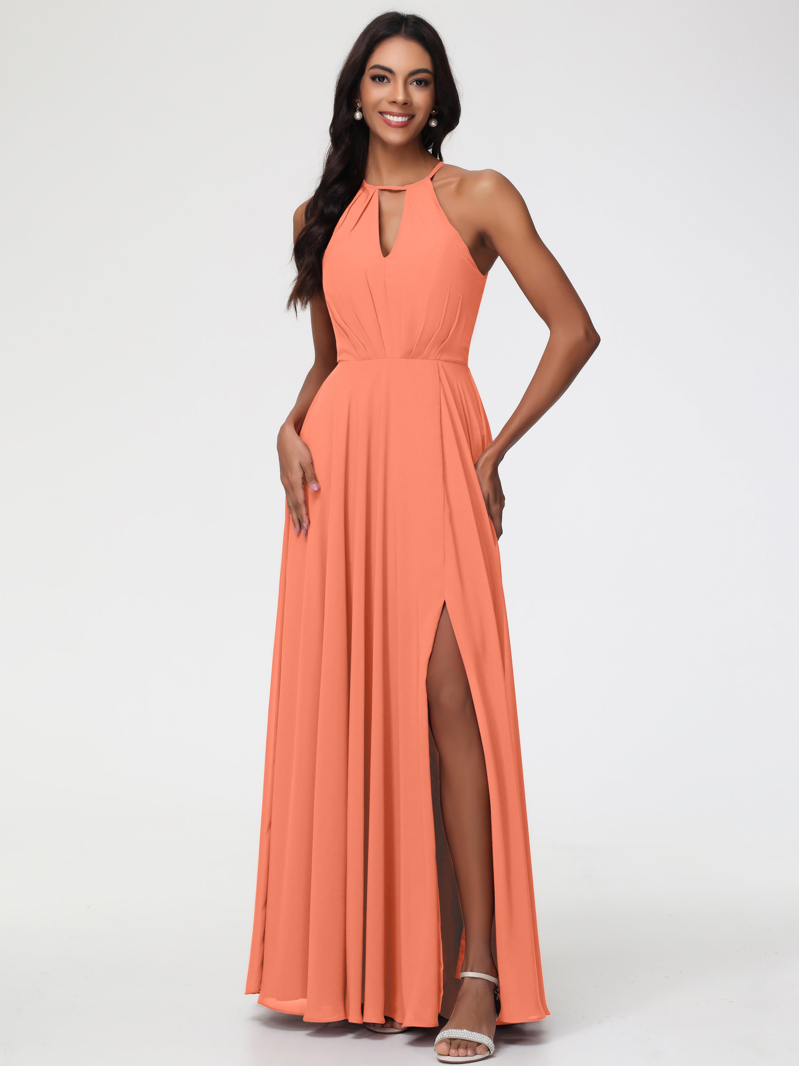 Halter A-Line Sleeveless Floor-Length Split Chiffon Bridesmaid Dresses (Copy)