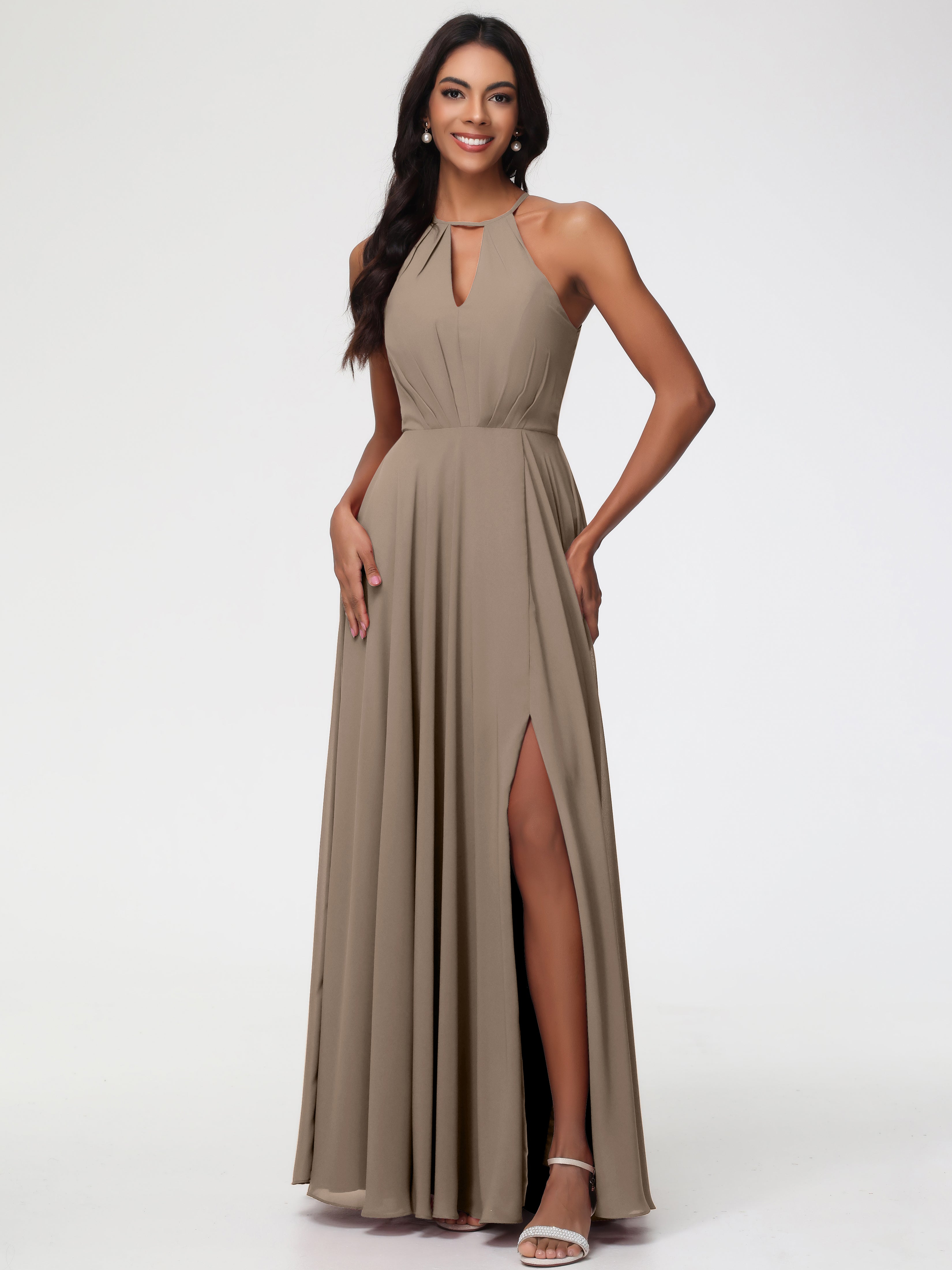 Taupe Bridesmaid Halter A-Line Sleeveless Floor-Length Split Chiffon B Taupe Bridesmaid Halter A-Line Sleeveless Floor-Length Split Chiffon B