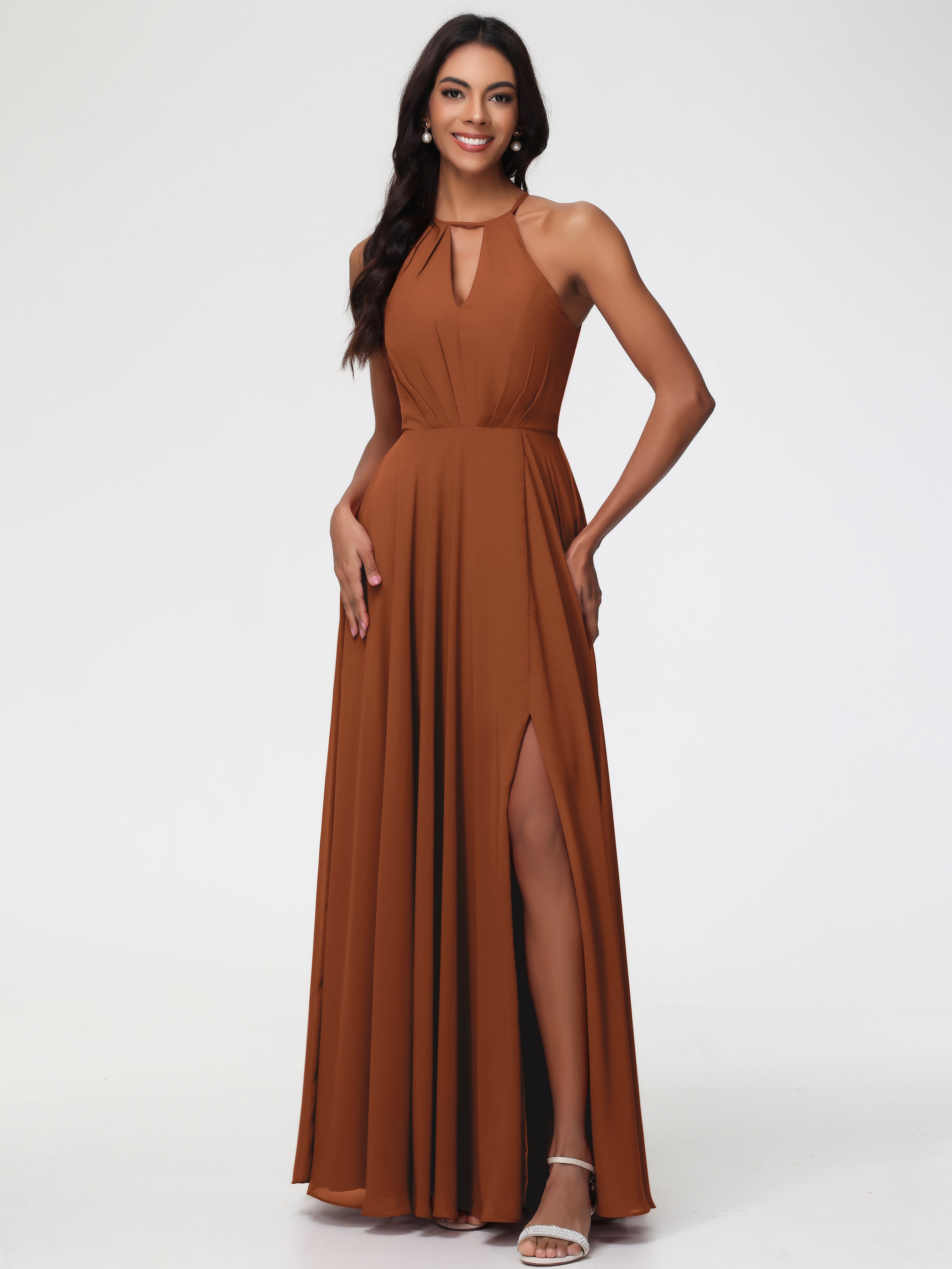 Terracotta Dress Bridesmaid Halter A-Line Sleeveless Floor-Length Spli
