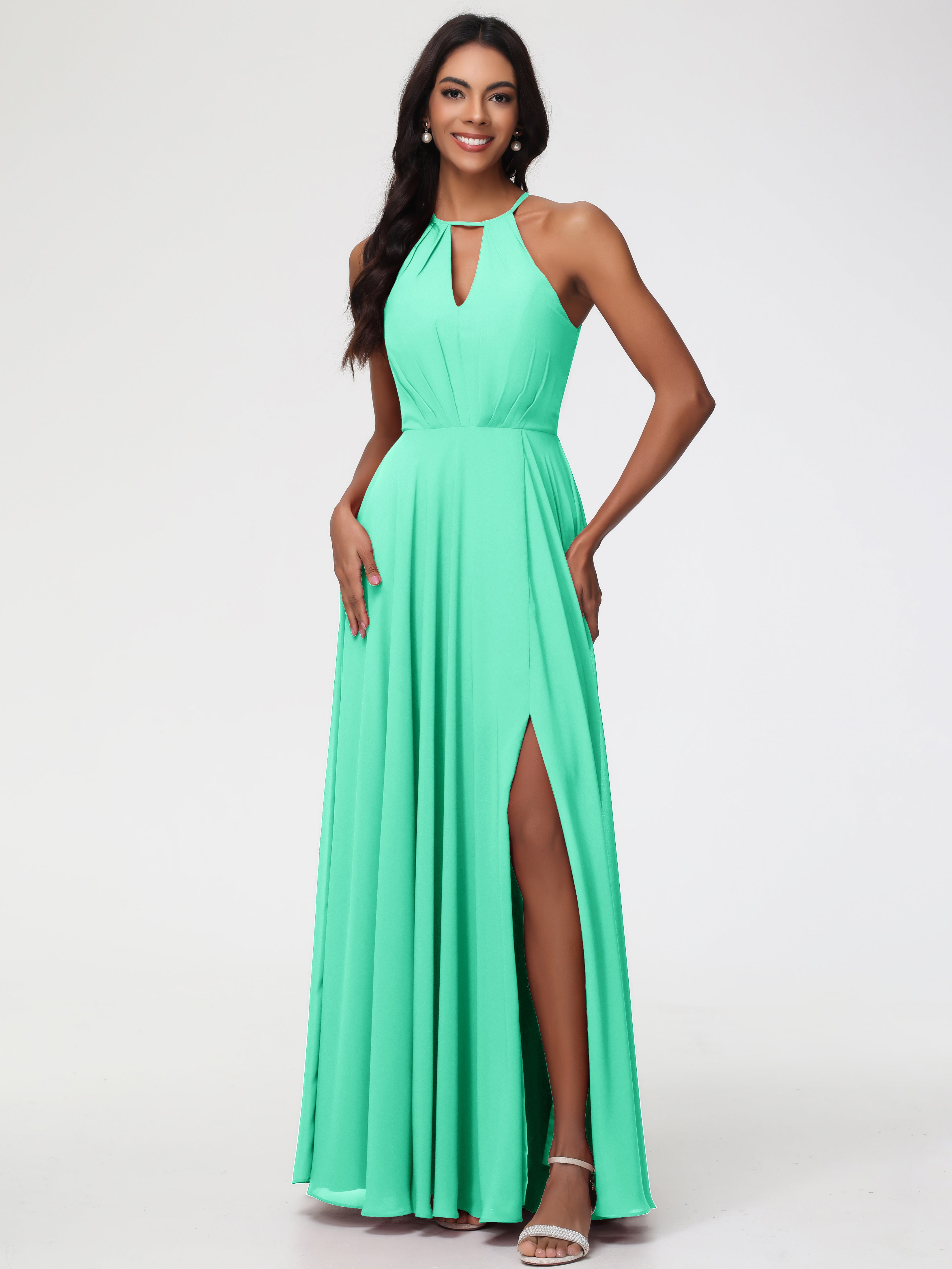 Halter A-Line Sleeveless Floor-Length Split Chiffon Bridesmaid Dresses (Copy)