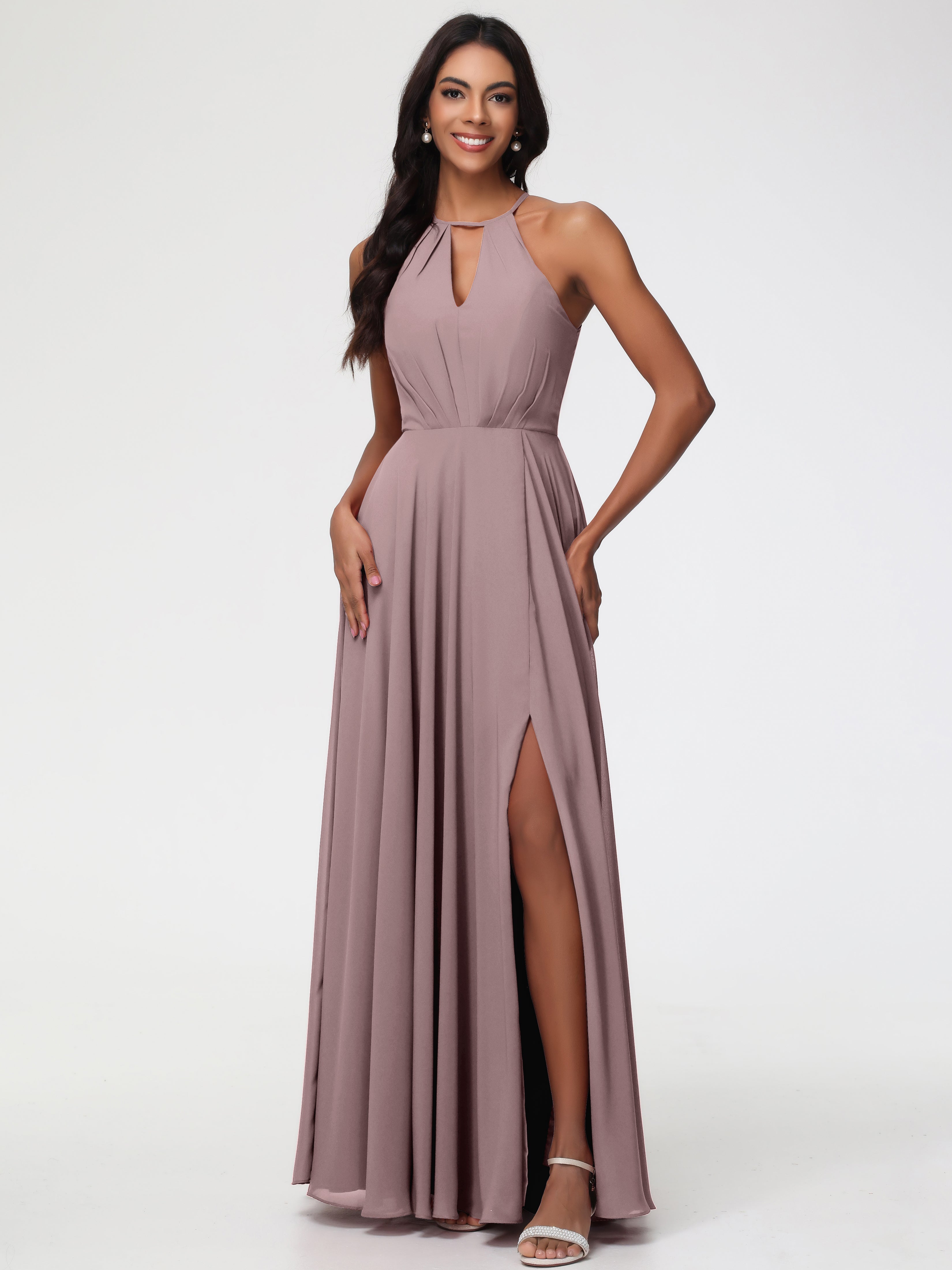 Vintage Mauve Bridesmaid Dress Halter A-Line Sleeveless Floor-Length S