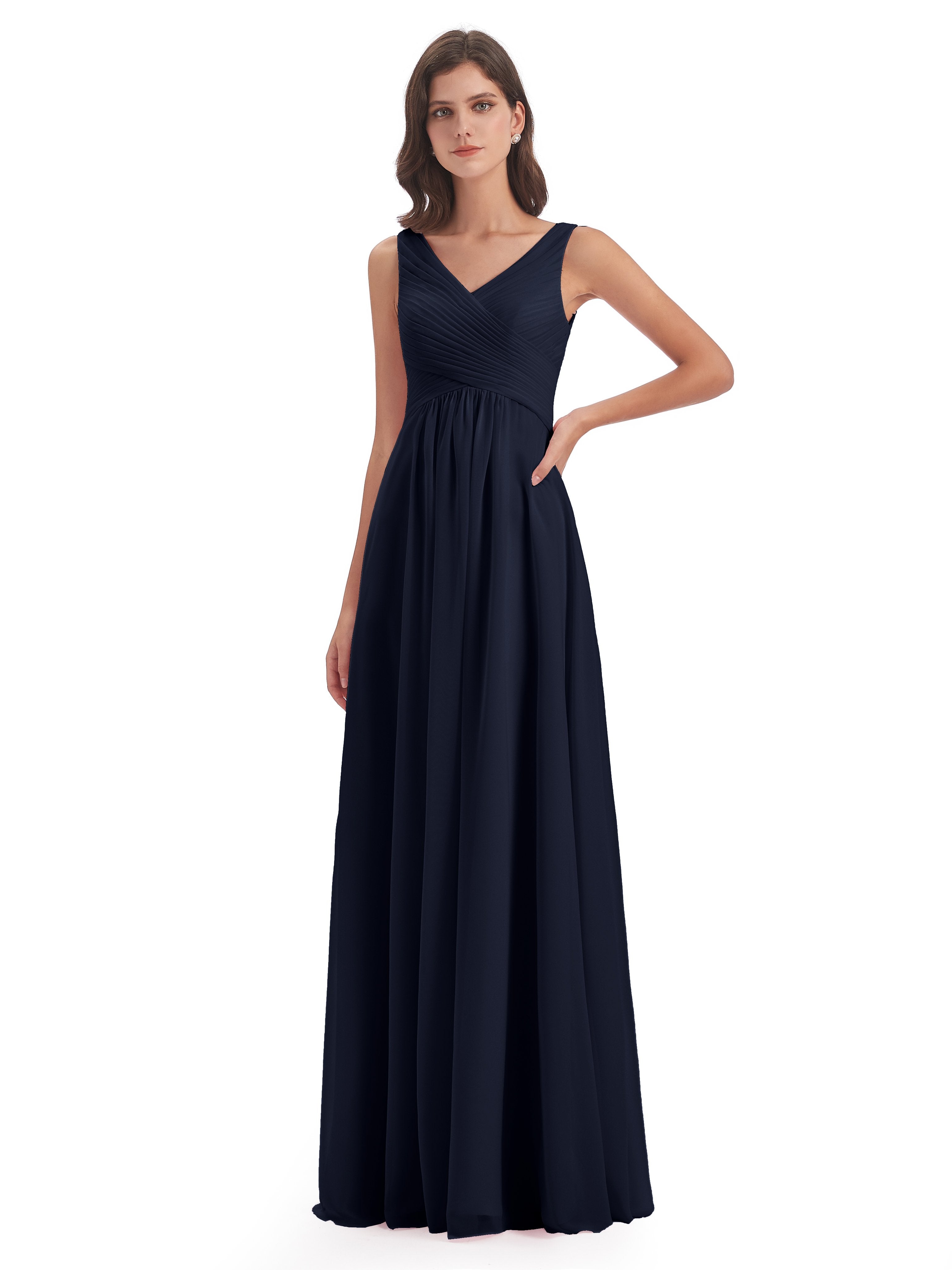 Dark Navy Blue Bridesmaid Dresses A-Line V-Neck Straps Floor-Length Ch