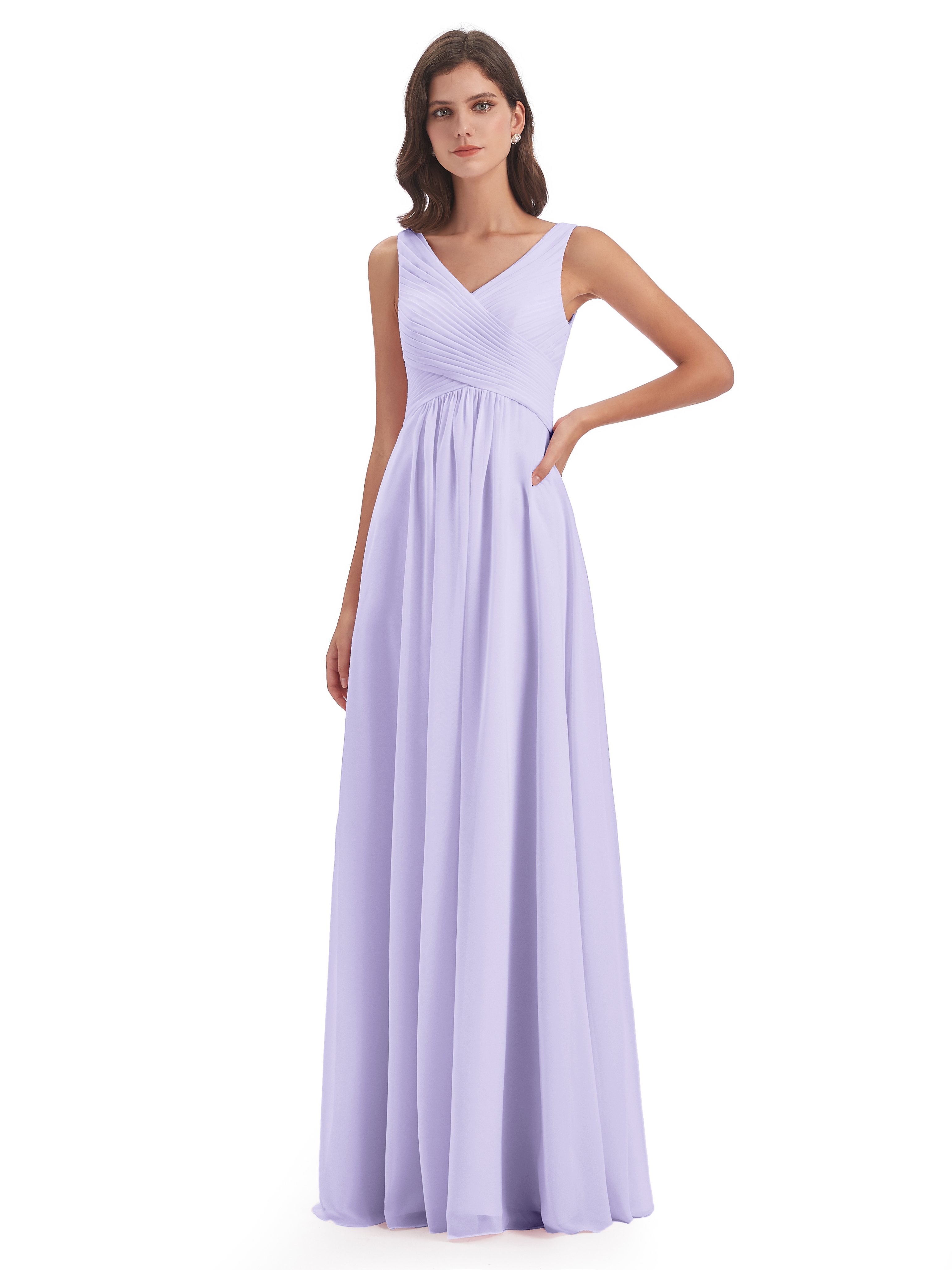 Lilac Bridesmaids Dresses A-Line V-Neck Straps Floor-Length Chiffon Br
